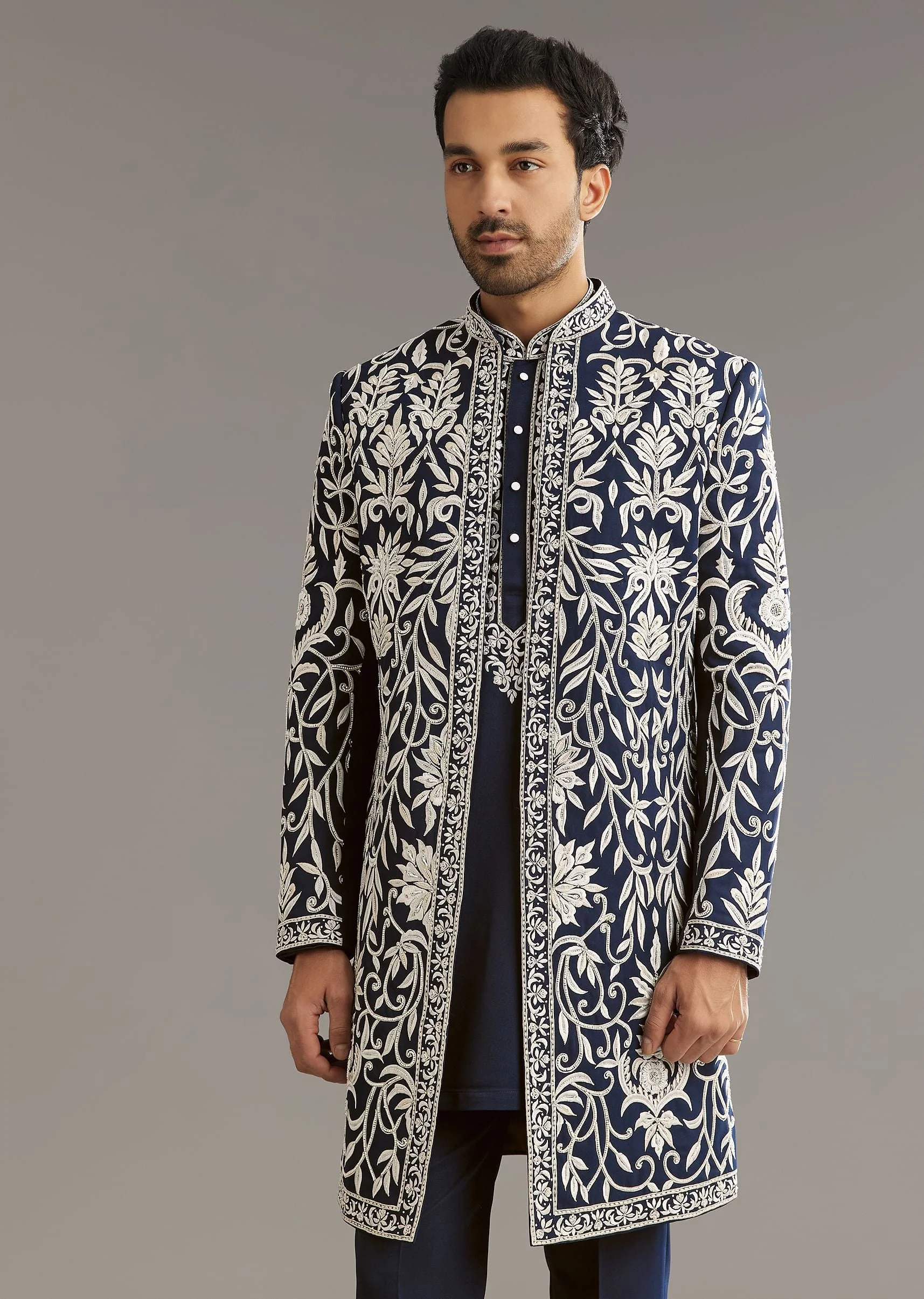 Blue Suiting Indo Western Set With Floral Embroidery - Image 4