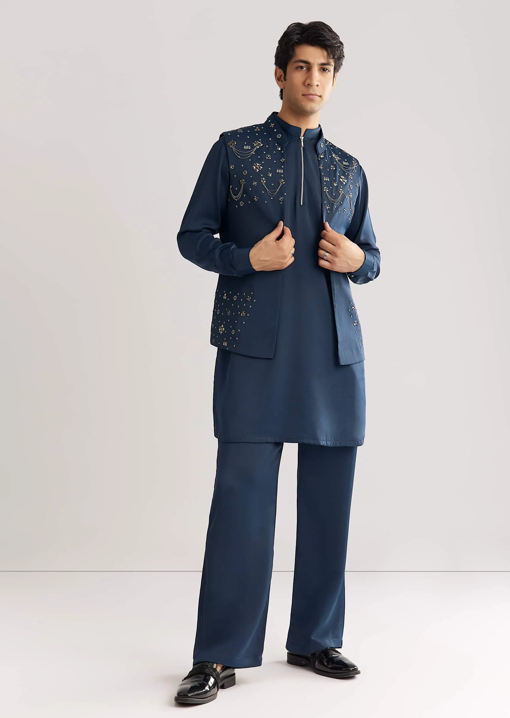 Blue Suiting Jacket Kurta Set With Metal Work - Image 2