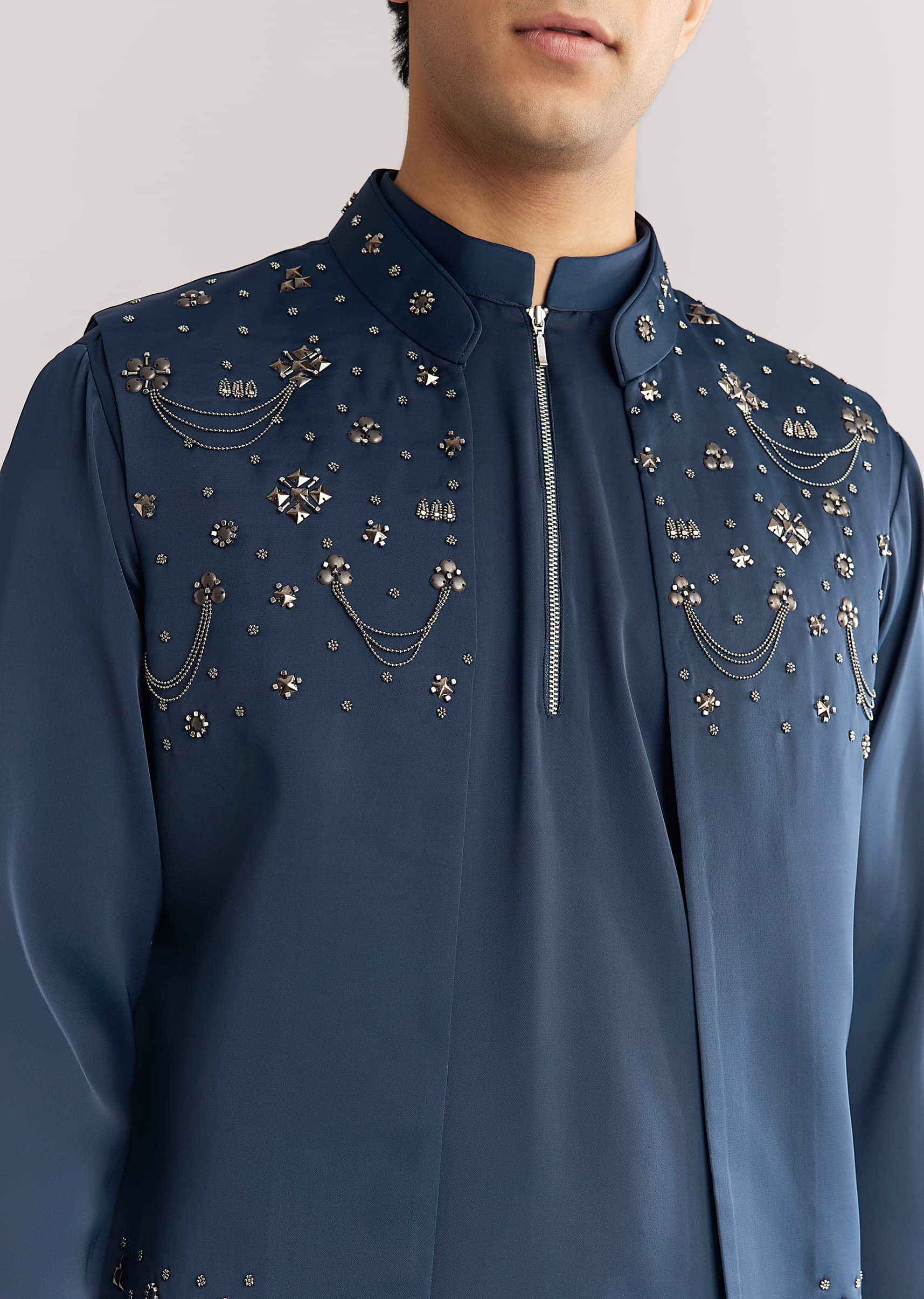 Blue Suiting Jacket Kurta Set With Metal Work - Image 3