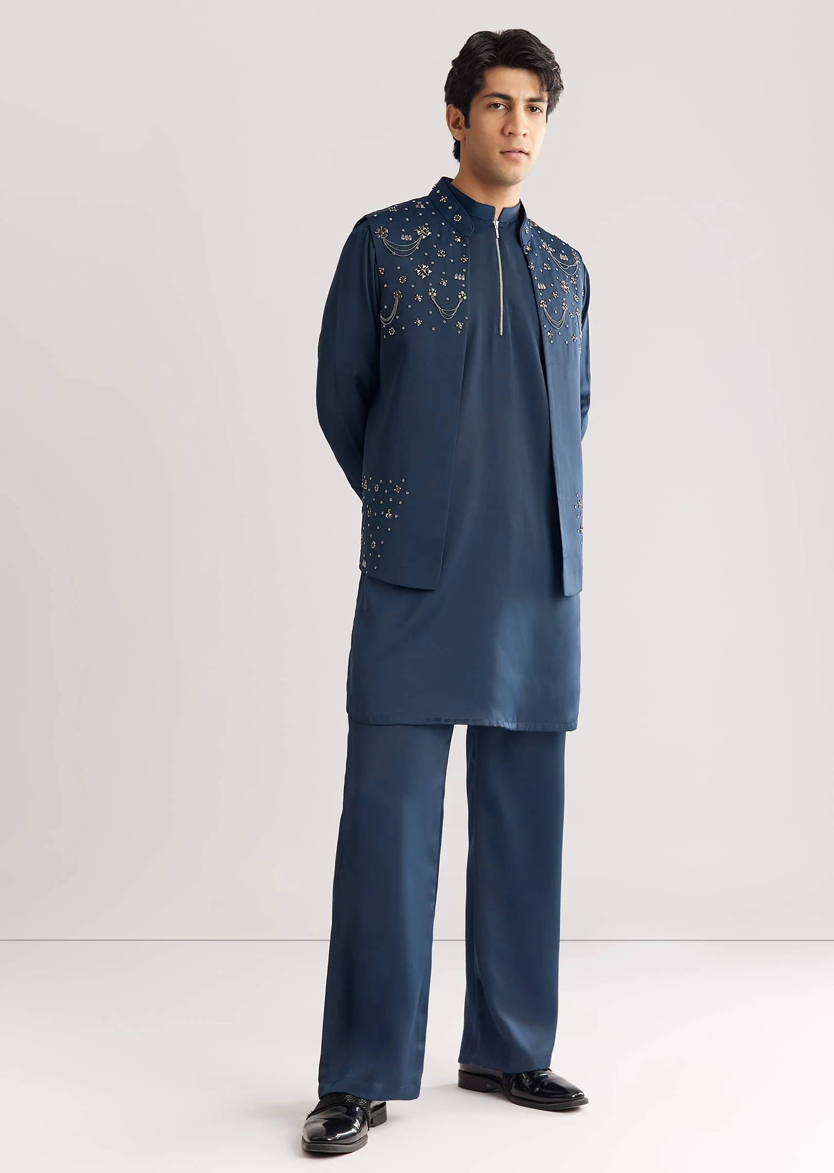 Blue Suiting Jacket Kurta Set With Metal Work - Image 4