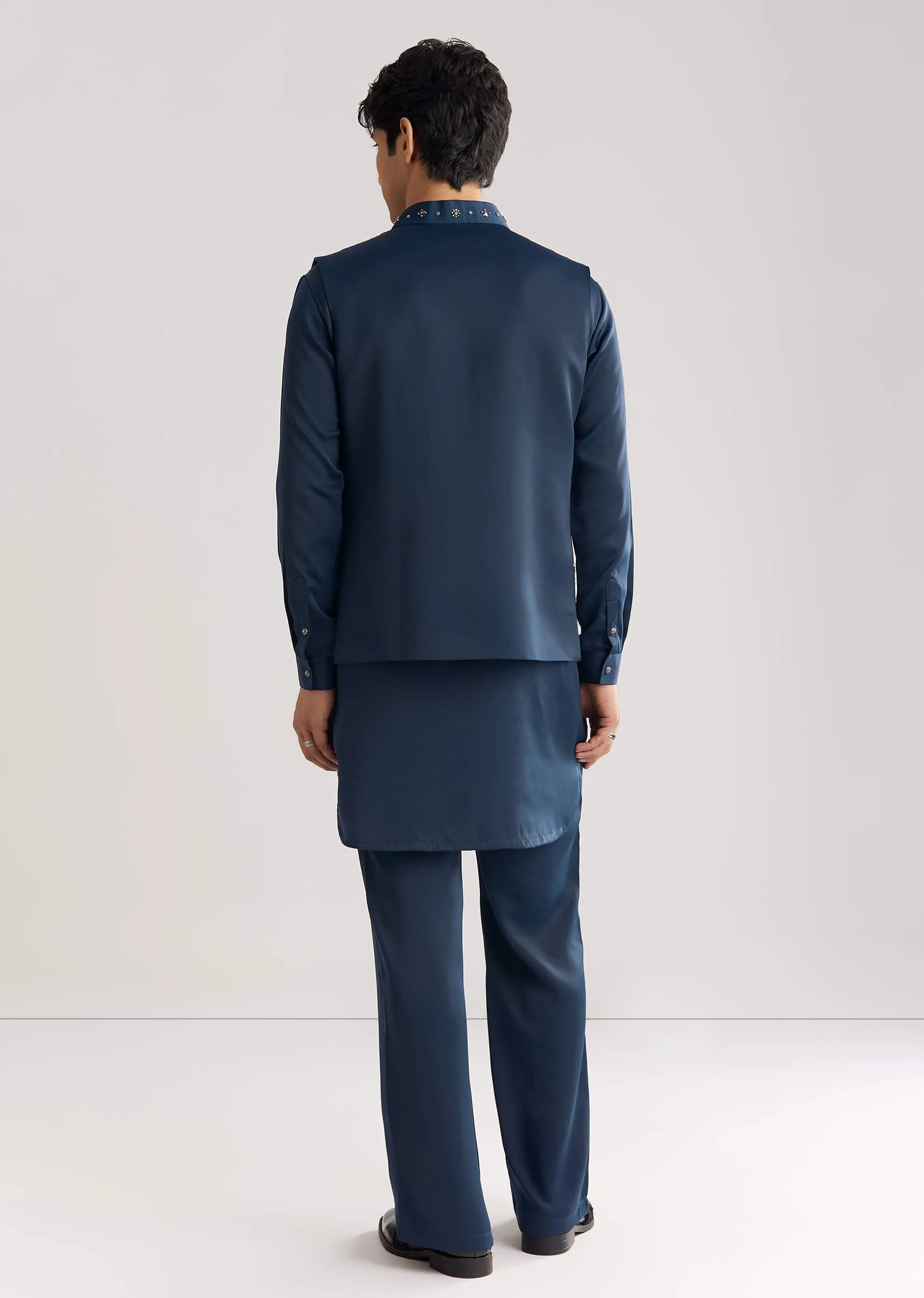 Blue Suiting Jacket Kurta Set With Metal Work - Image 6