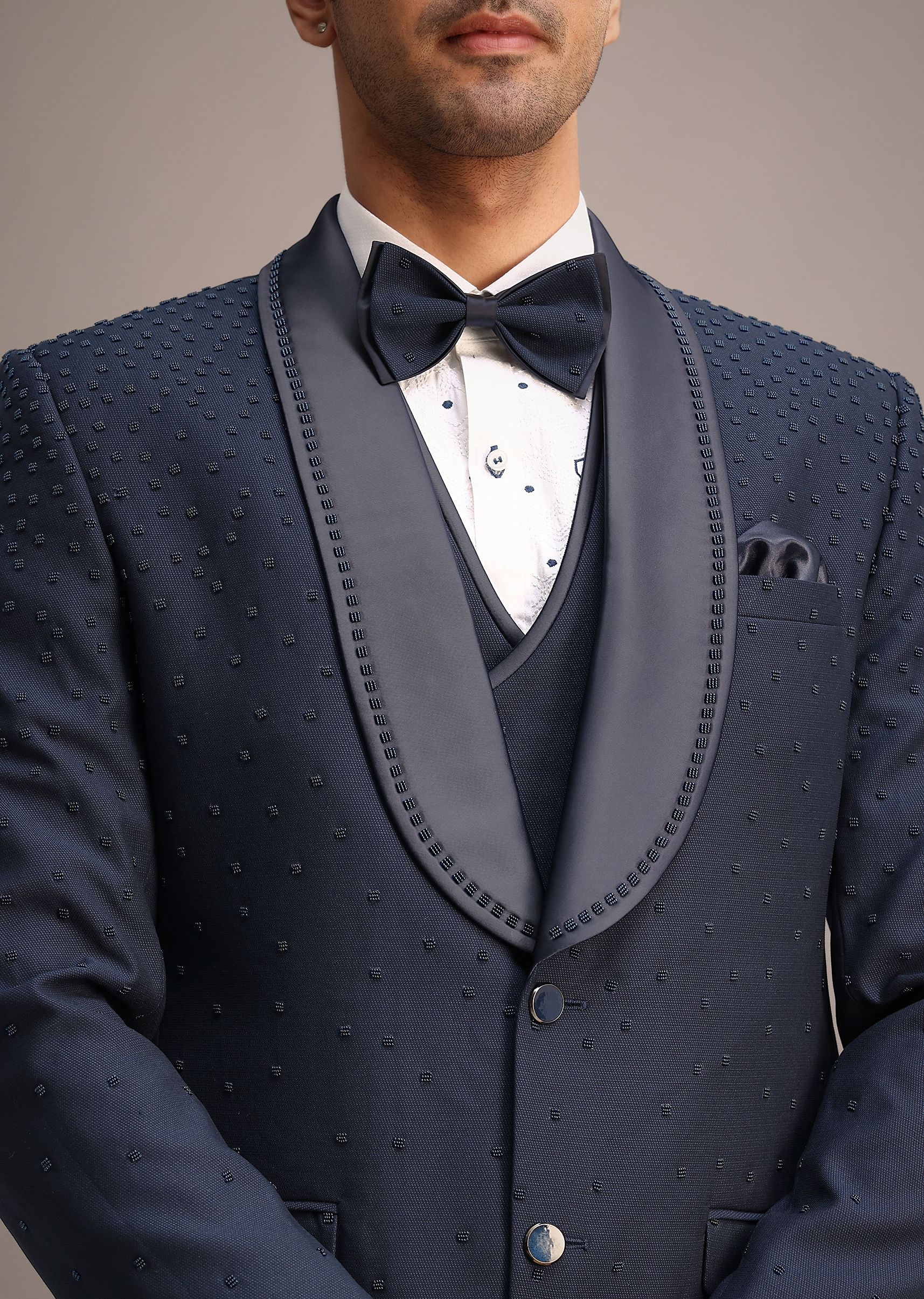 Blue Terry Rayon Tuxedo Set With Hand Work - Image 3
