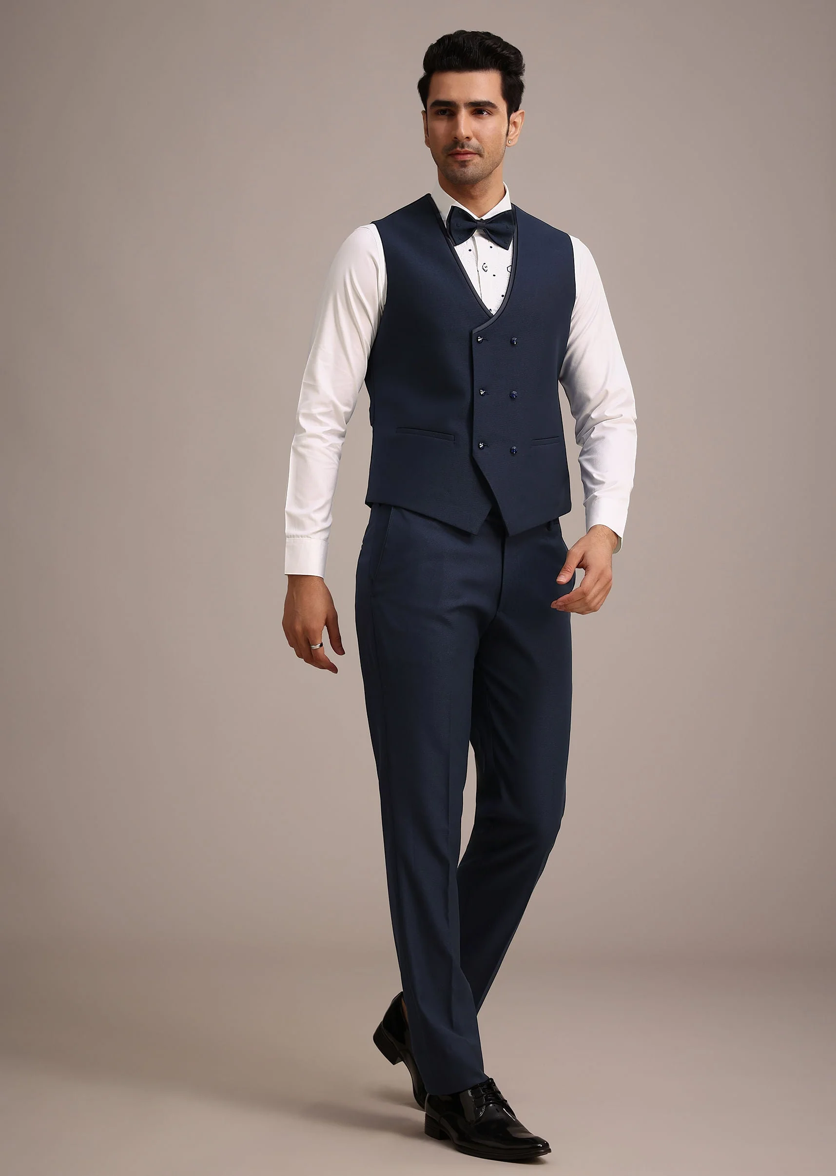 Blue Terry Rayon Tuxedo Set With Hand Work - Image 6