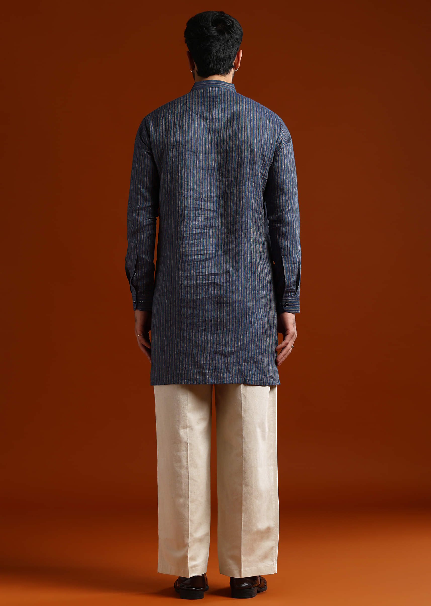 Blue Textured Kurta Set For Men With Resham Embroidery - Image 5