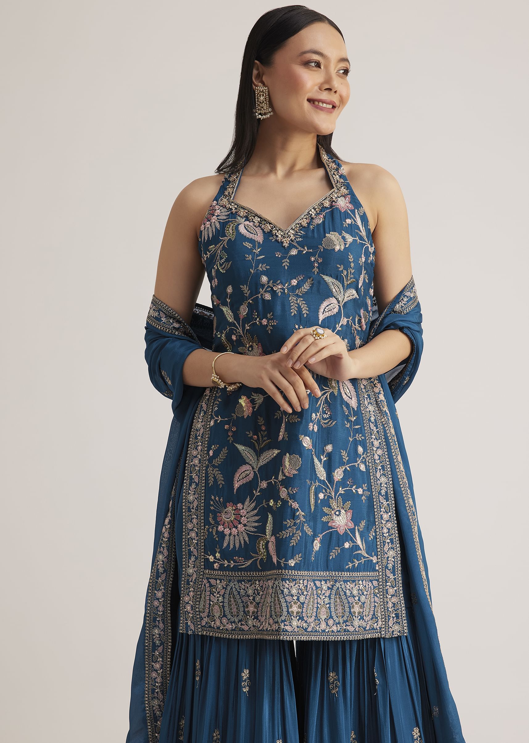 Blue Thread Work Sharara Suit With Dupatta - Image 4