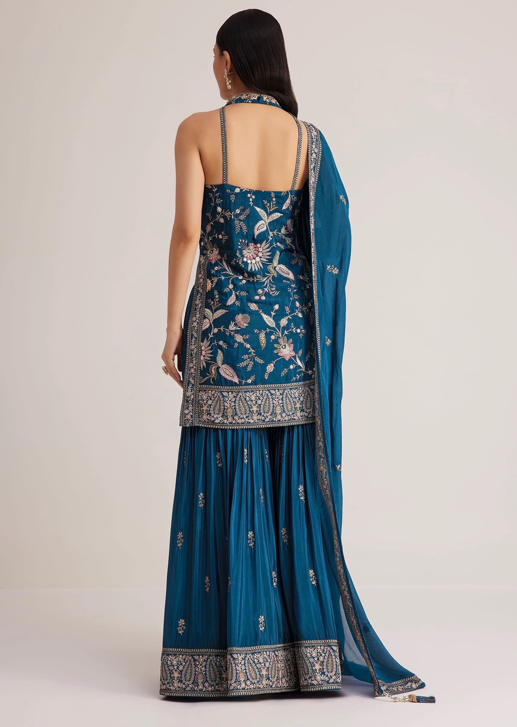 Blue Thread Work Sharara Suit With Dupatta - Image 5
