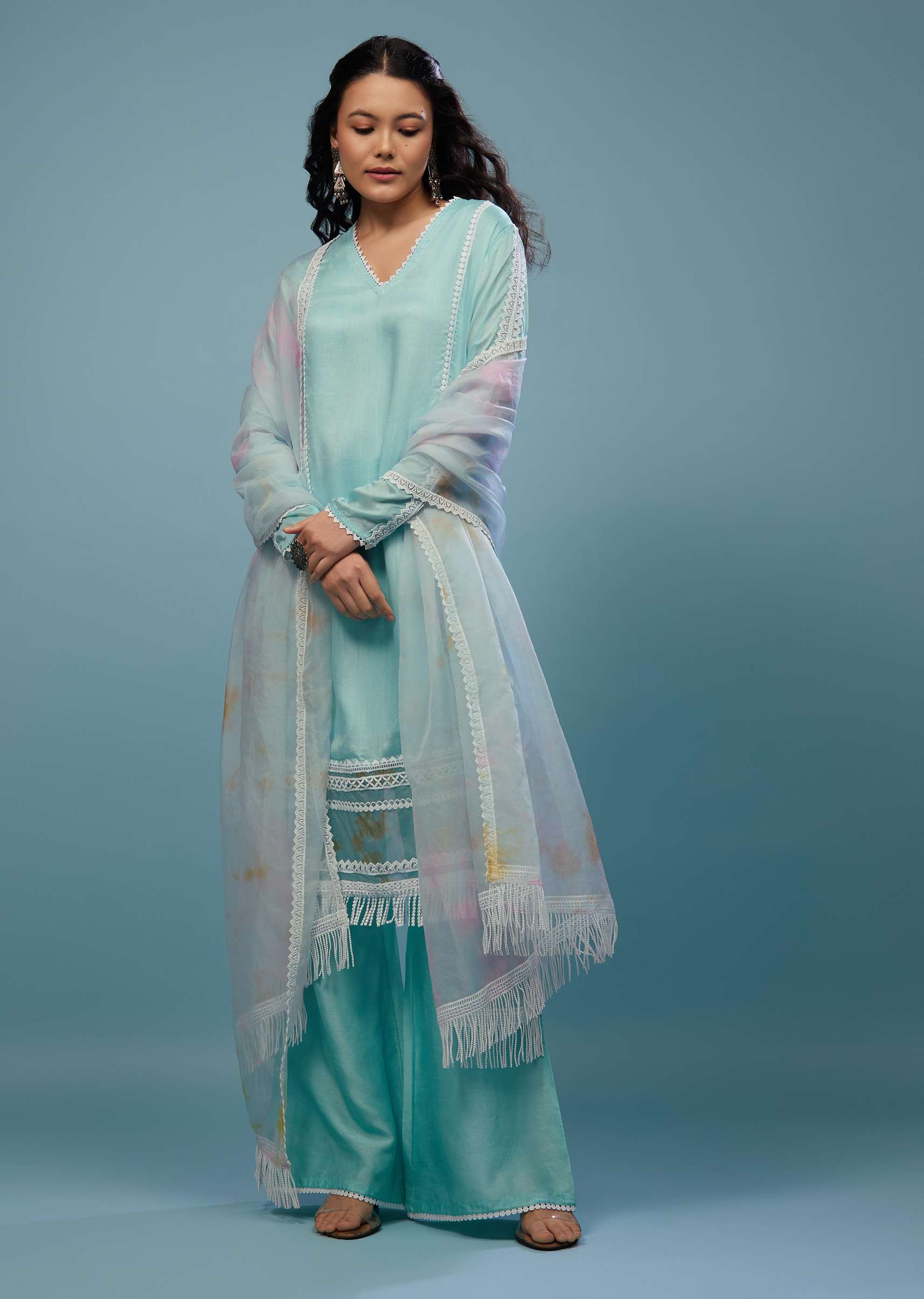 Powder Blue Palazzo Suit Set In Viscose Silk - Image 3