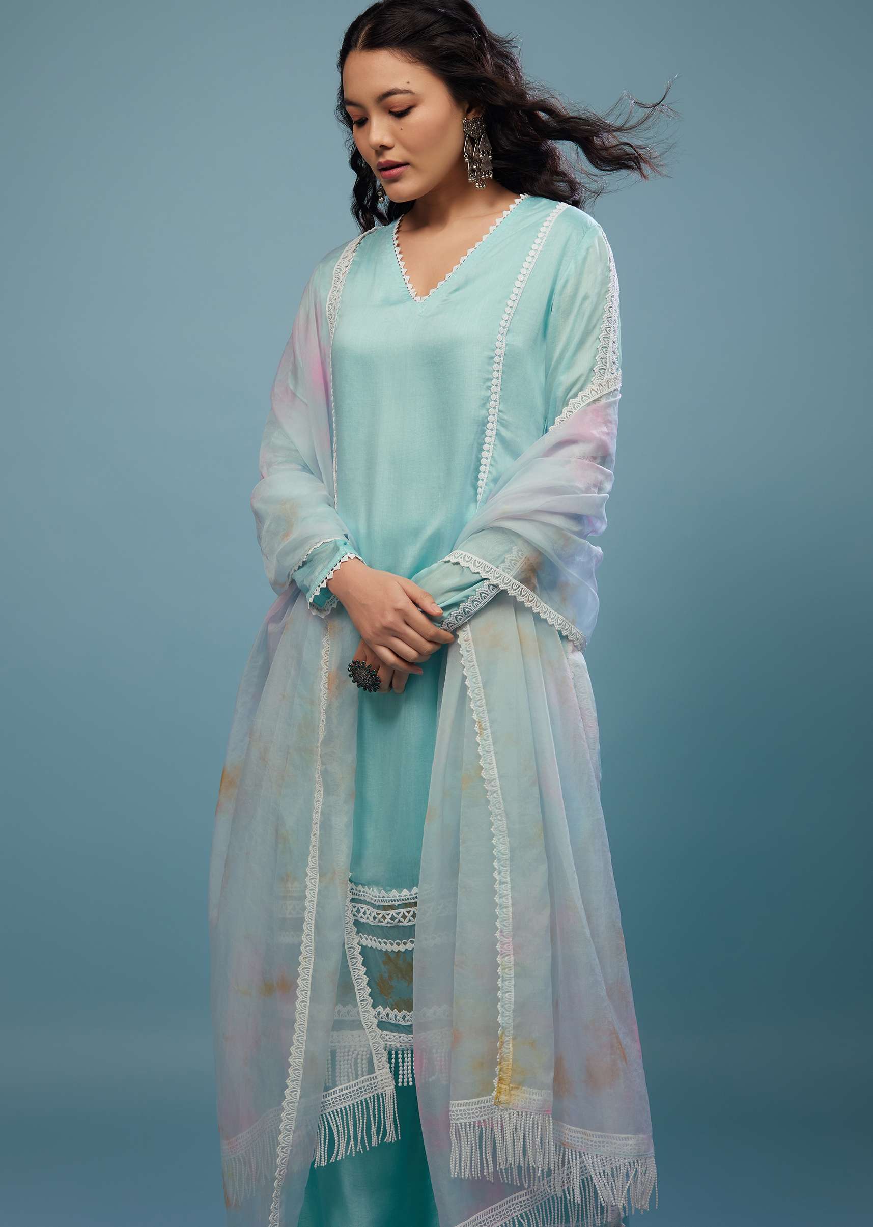 Powder Blue Palazzo Suit Set In Viscose Silk - Image 4