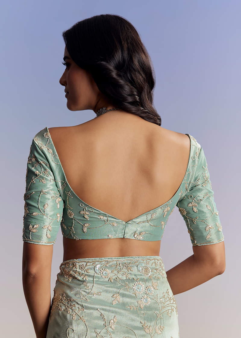Blue Tissue Saree With Cutdana Sequins And Beads Hand Embroidery - Image 8