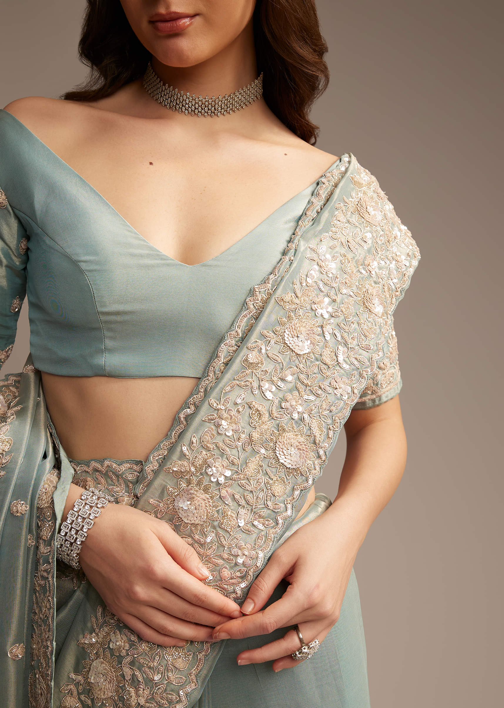 Blue Tissue Saree with Cutwork and Heavy Embroidery - Image 2