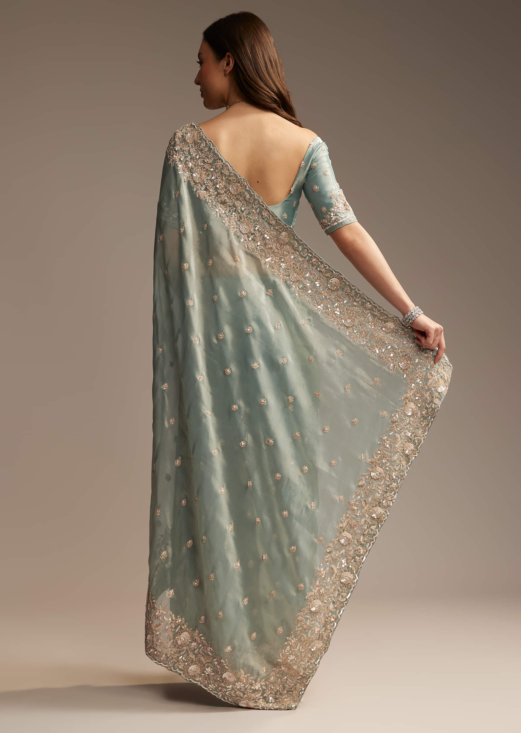 Blue Tissue Saree with Cutwork and Heavy Embroidery - Image 3
