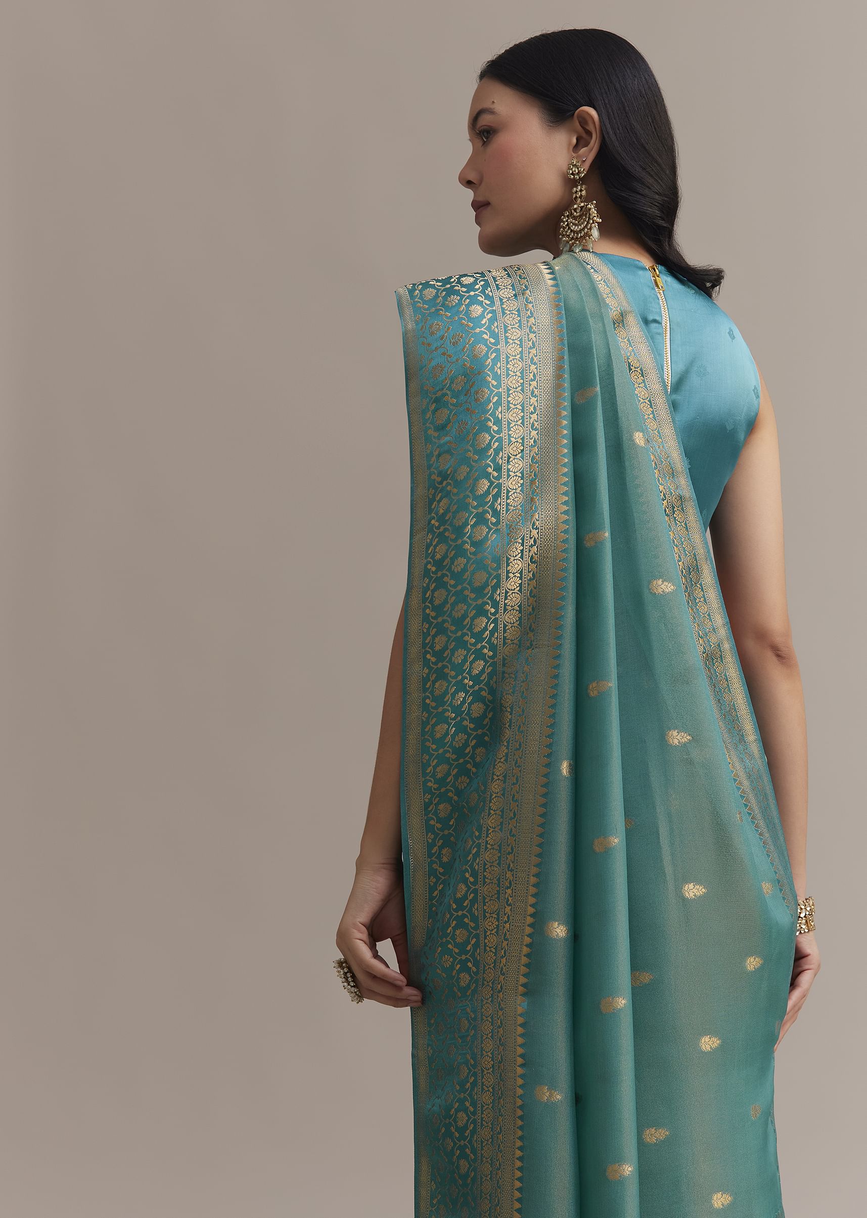 Blue Tissue Silk Saree With Chanderi Zari Weaving - Image 4