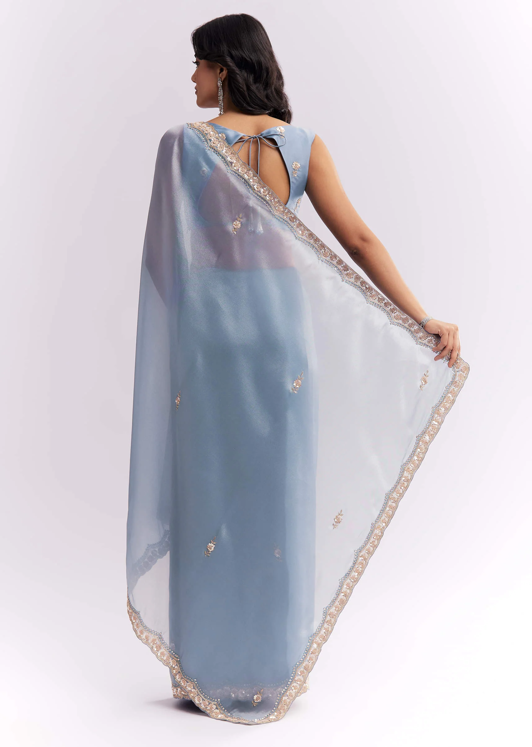 Blue Tissue Silk Saree With Heavy Hand Embroidery - Image 4