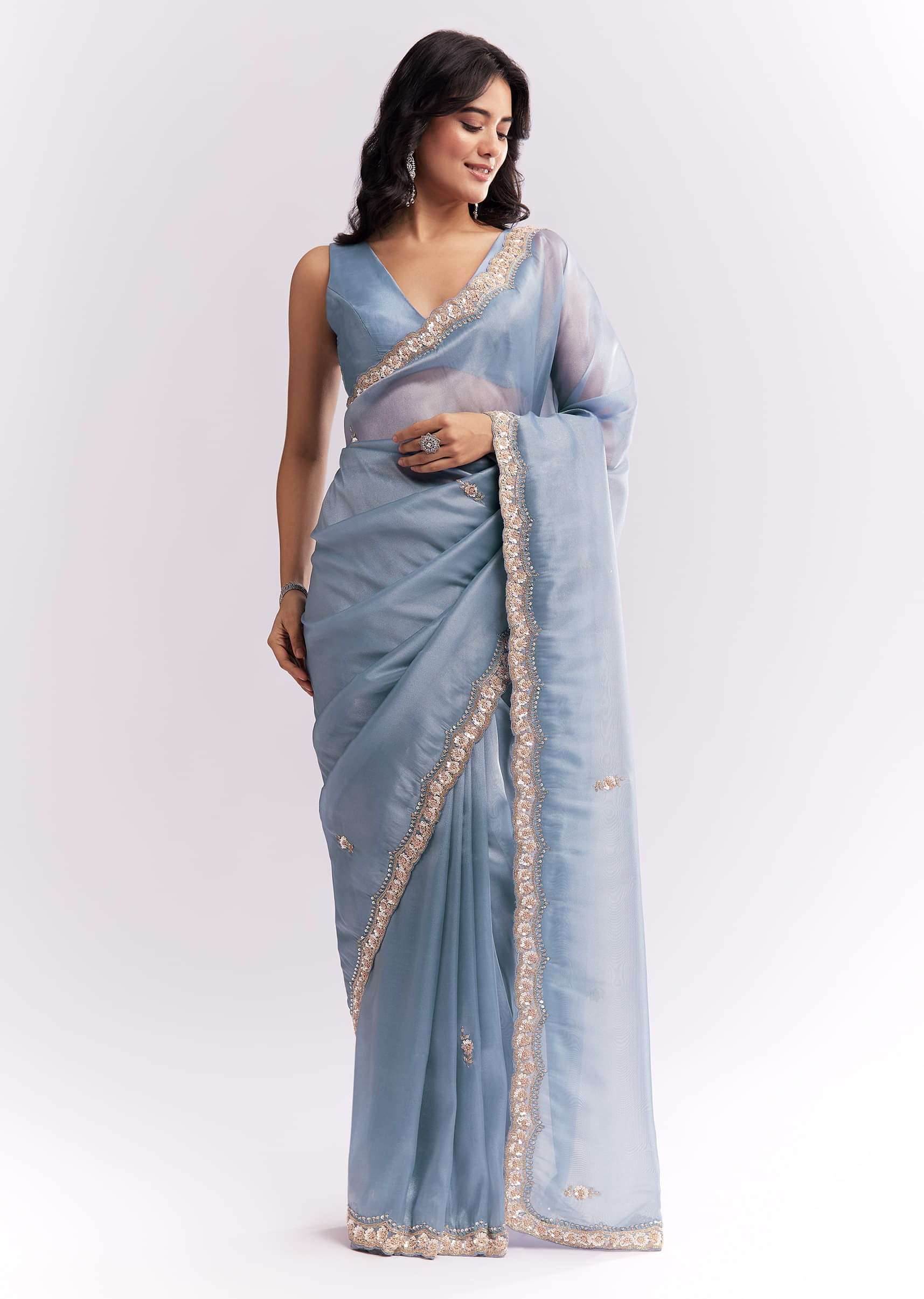 Blue Tissue Silk Saree With Heavy Hand Embroidery - Image 5