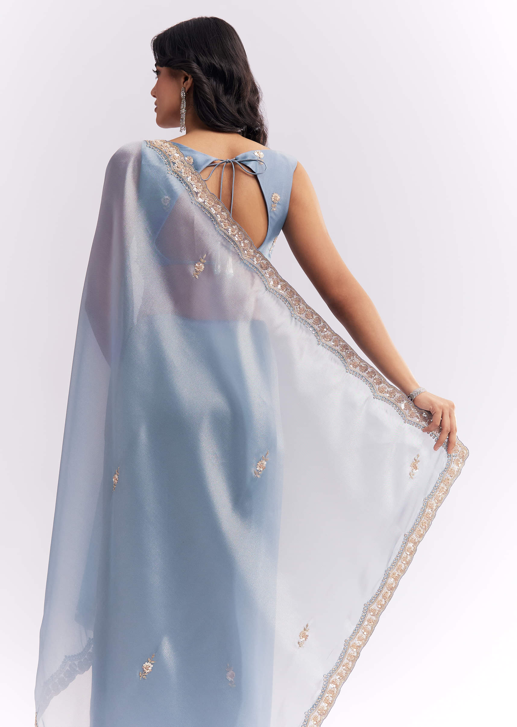 Blue Tissue Silk Saree With Heavy Hand Embroidery - Image 6