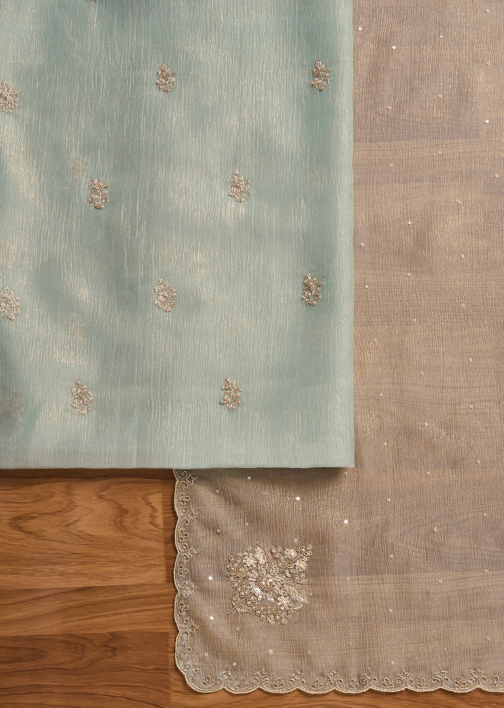 Blue Tissue Unstitched Suit With Dupatta - Image 3