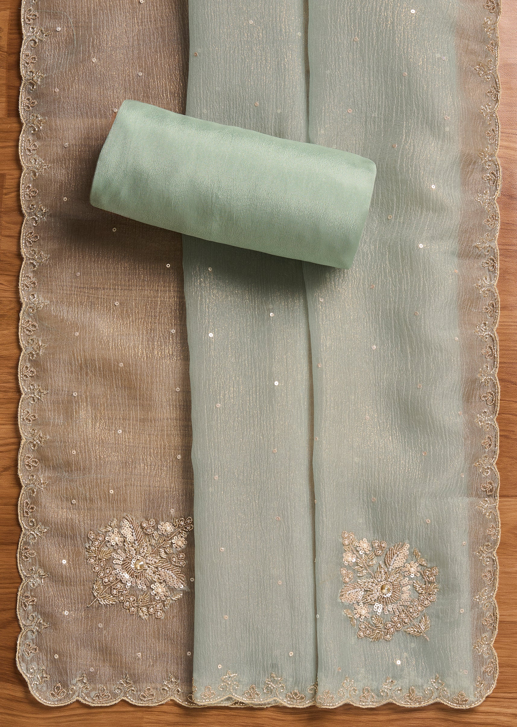 Blue Tissue Unstitched Suit With Dupatta - Image 4