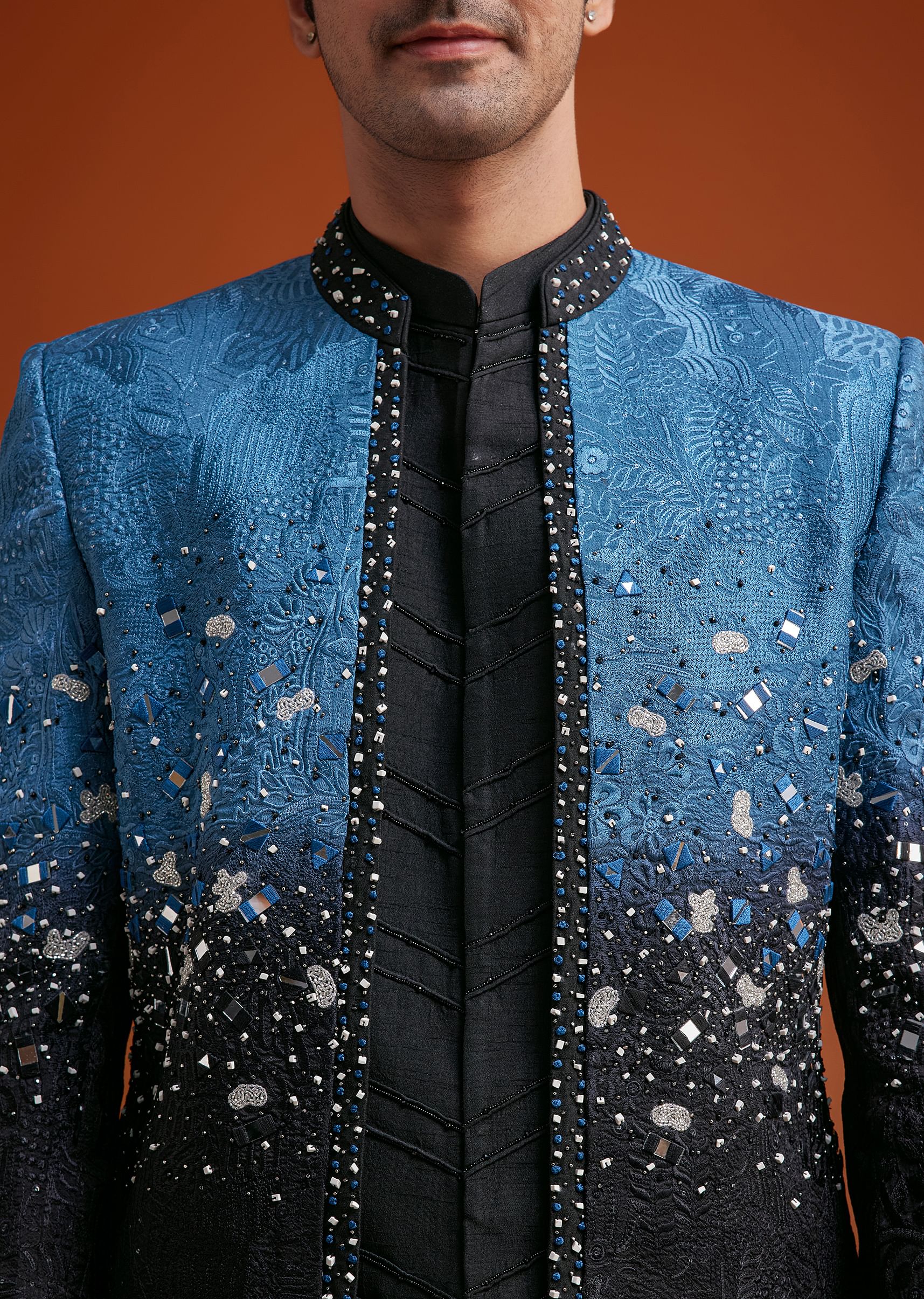 Blue To Black Ombre Indo Jacket Set With Mirror And Sequin Embellishments - Image 2