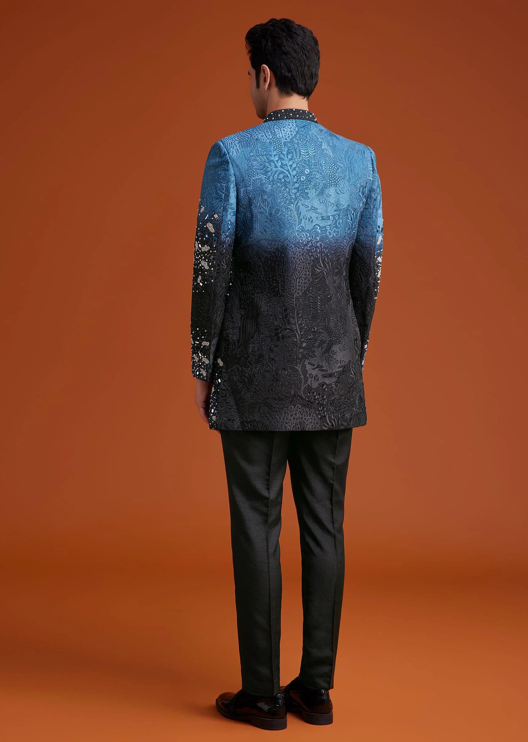 Blue To Black Ombre Indo Jacket Set With Mirror And Sequin Embellishments - Image 5