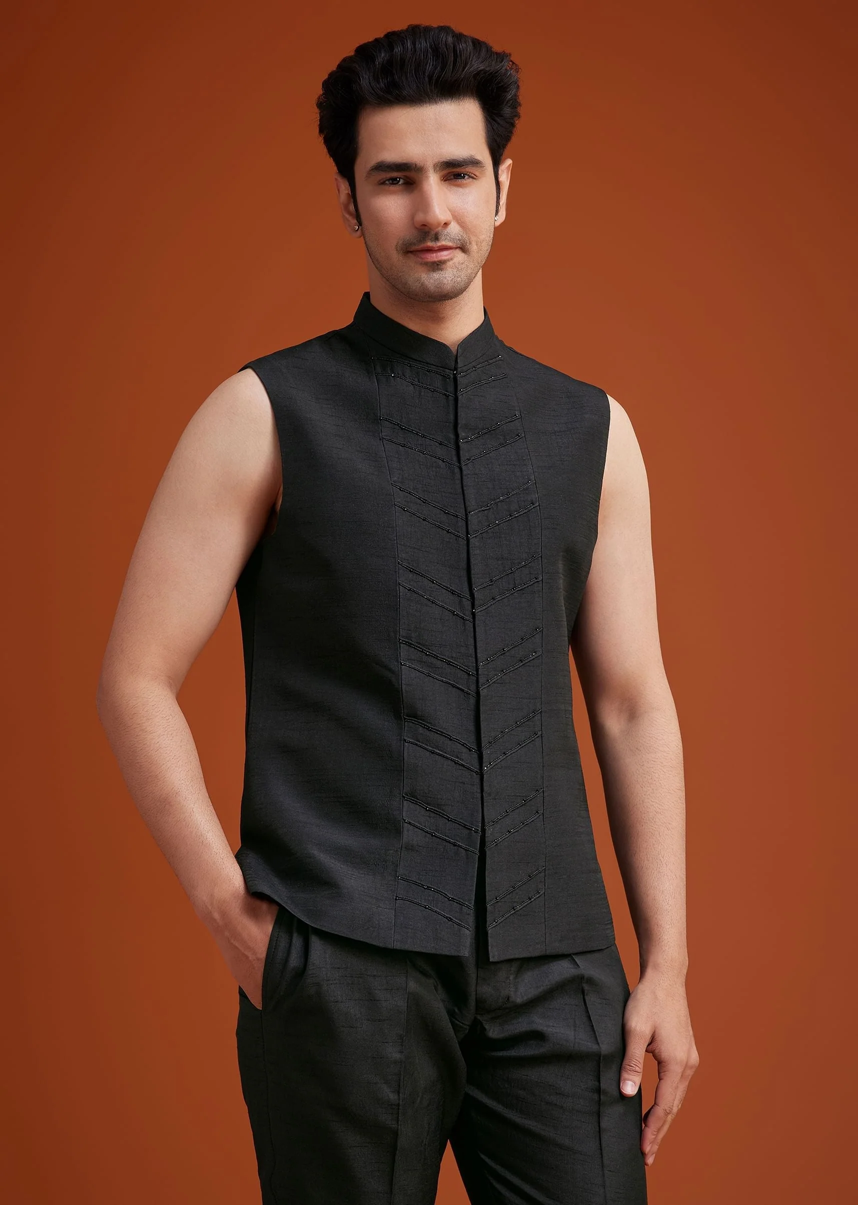 Blue To Black Ombre Indo Jacket Set With Mirror And Sequin Embellishments - Image 6