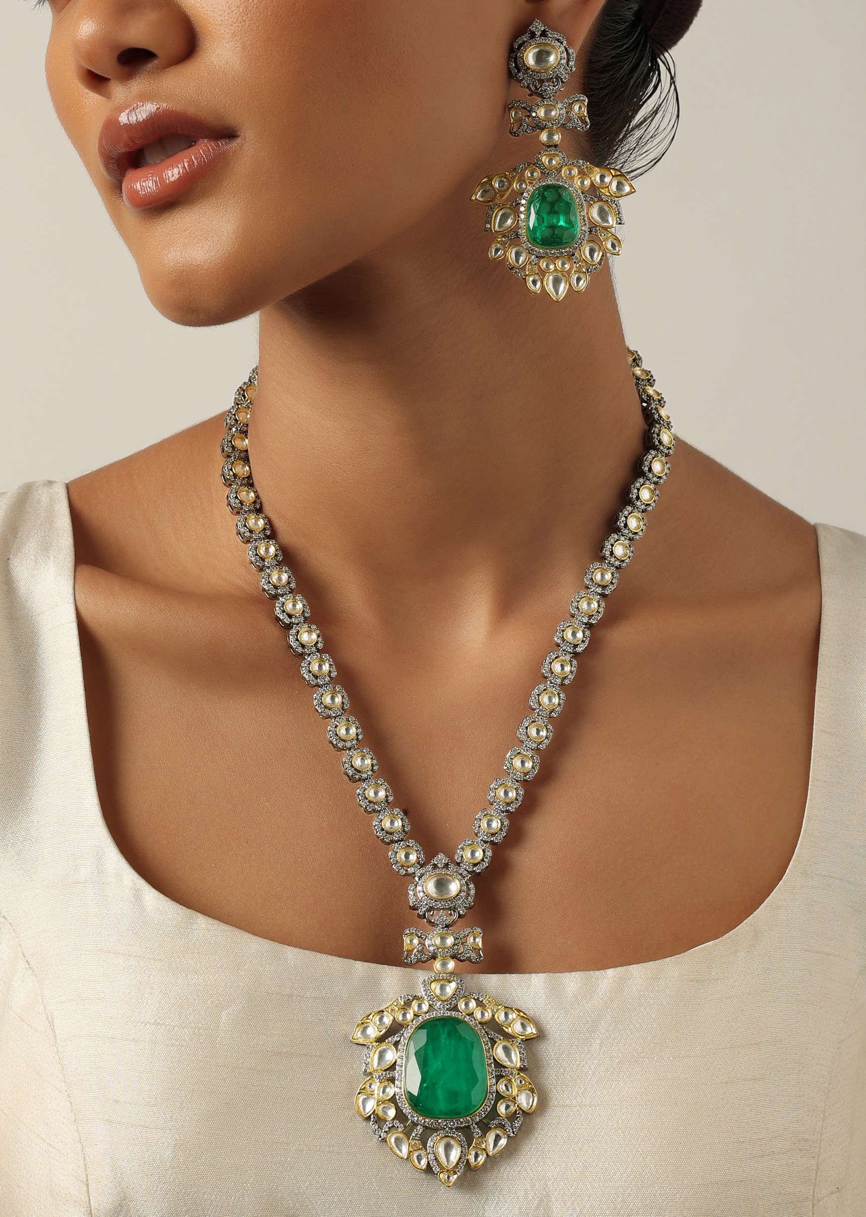 Blue Two Tone Polki Long Necklace Set With Emerald Pendant
