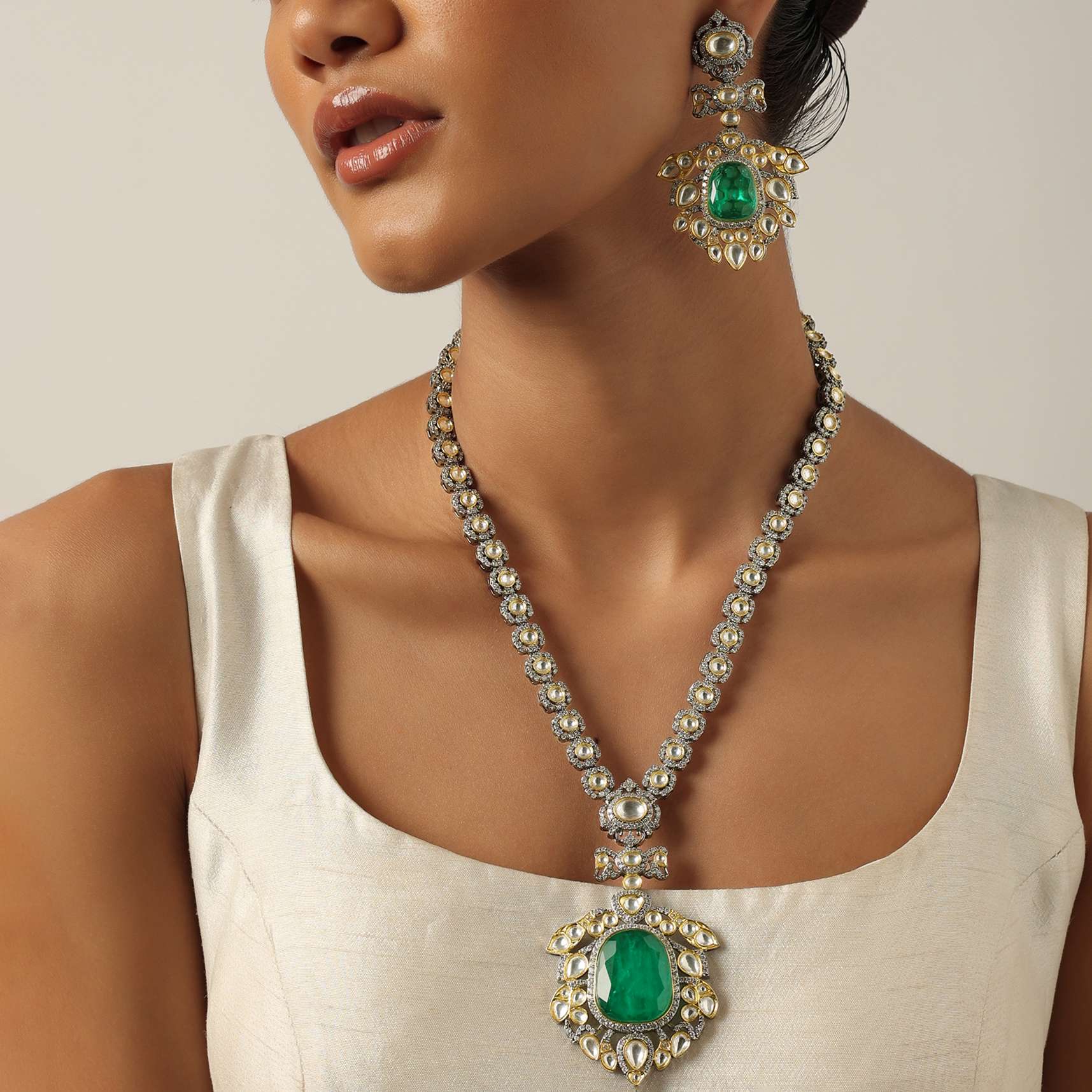 Blue Two Tone Polki Long Necklace Set With Emerald Pendant - Image 2