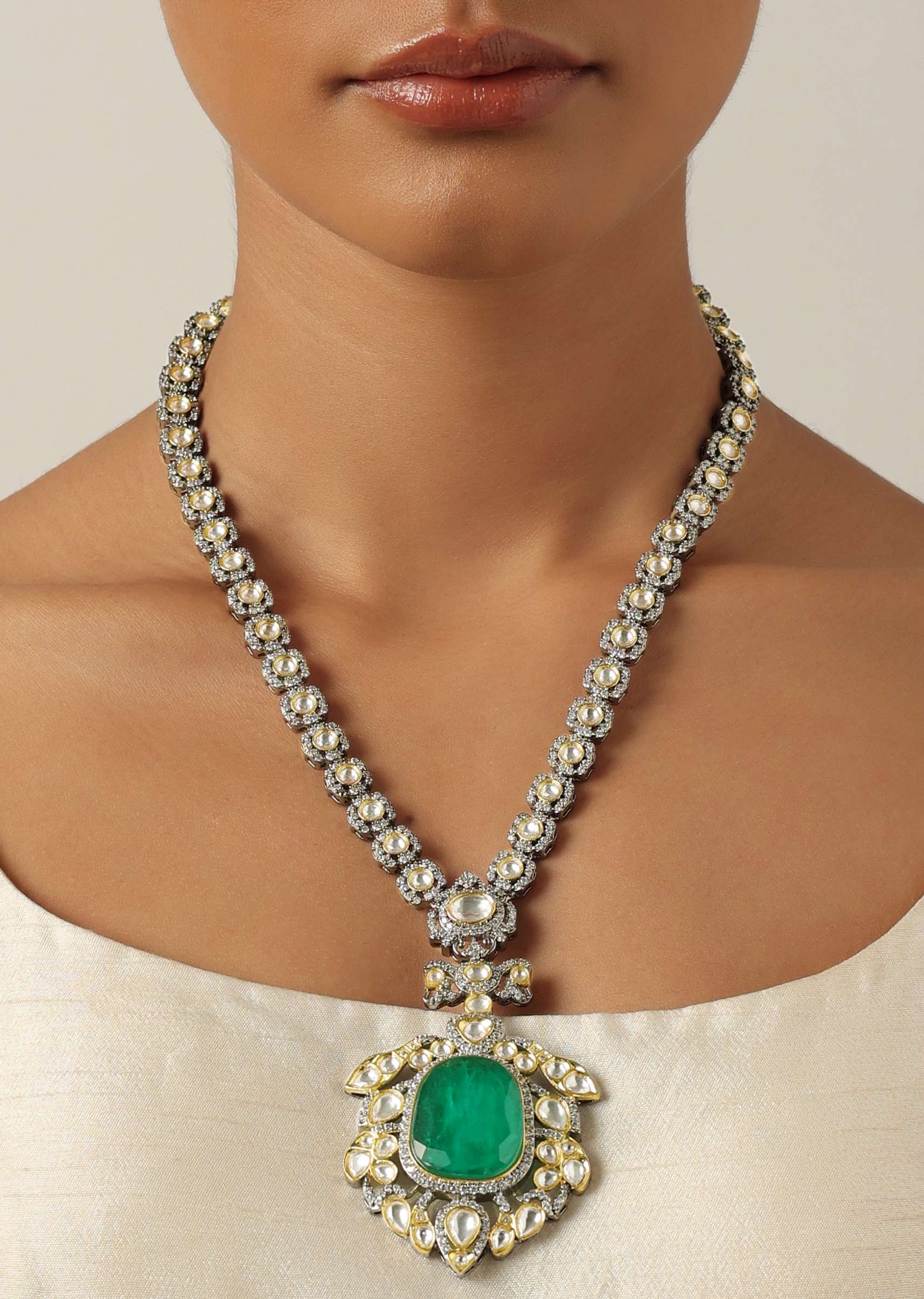 Blue Two Tone Polki Long Necklace Set With Emerald Pendant - Image 3