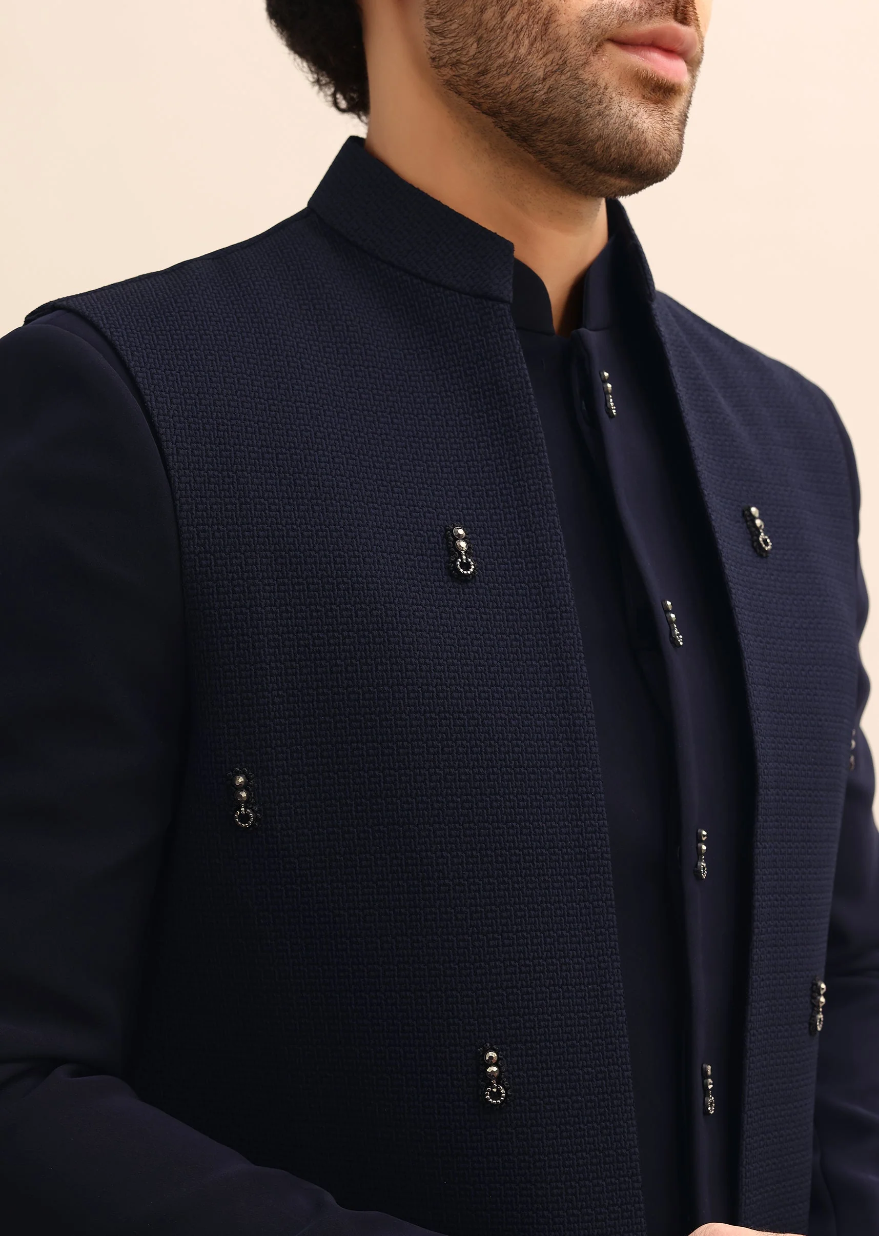 Blue Jacquard 3 Pc Bandhgala Jodhpuri Suit - Image 2