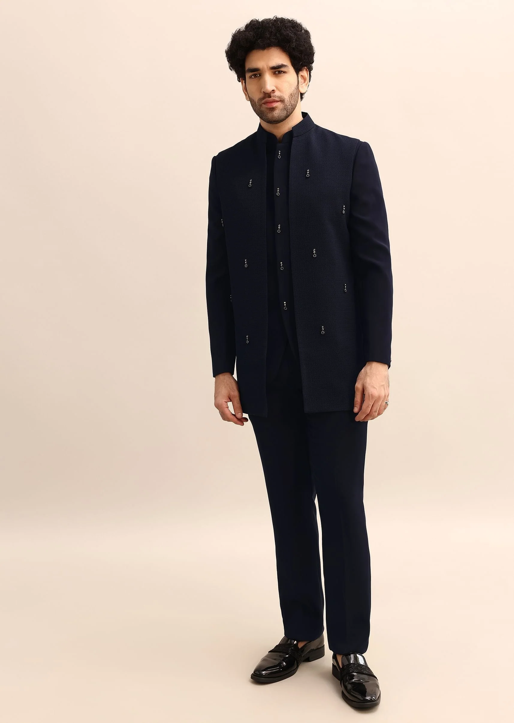 Blue Jacquard 3 Pc Bandhgala Jodhpuri Suit - Image 3