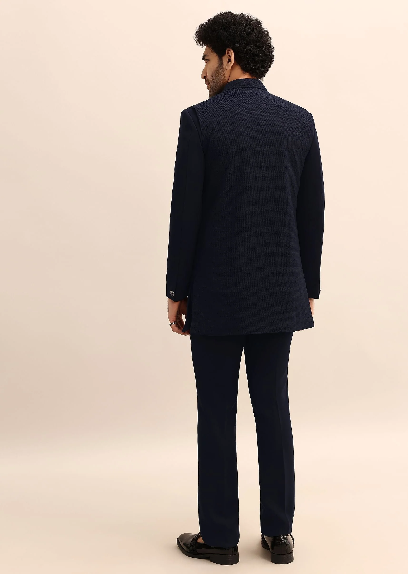 Blue Jacquard 3 Pc Bandhgala Jodhpuri Suit - Image 5