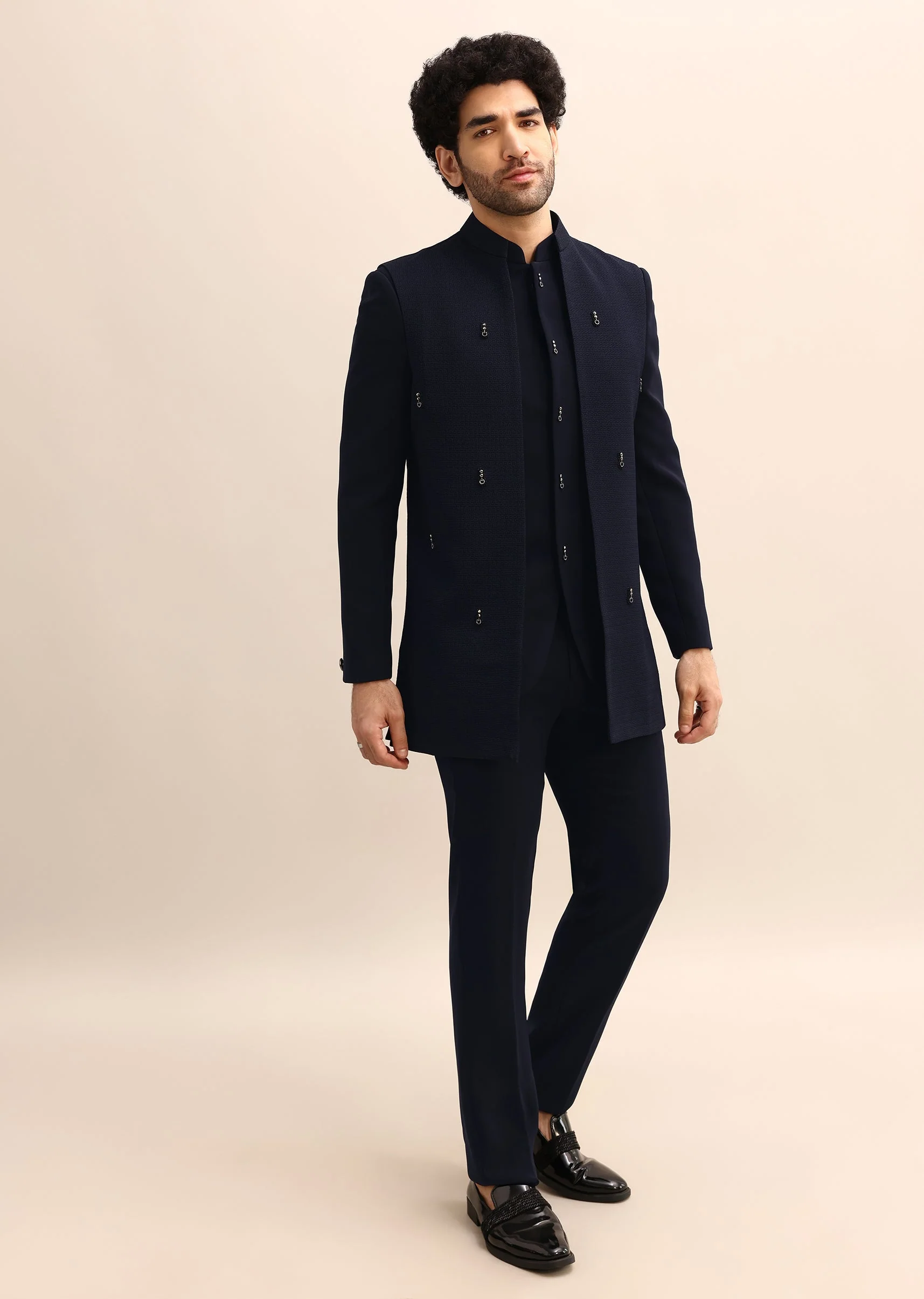 Blue Jacquard 3 Pc Bandhgala Jodhpuri Suit - Image 7