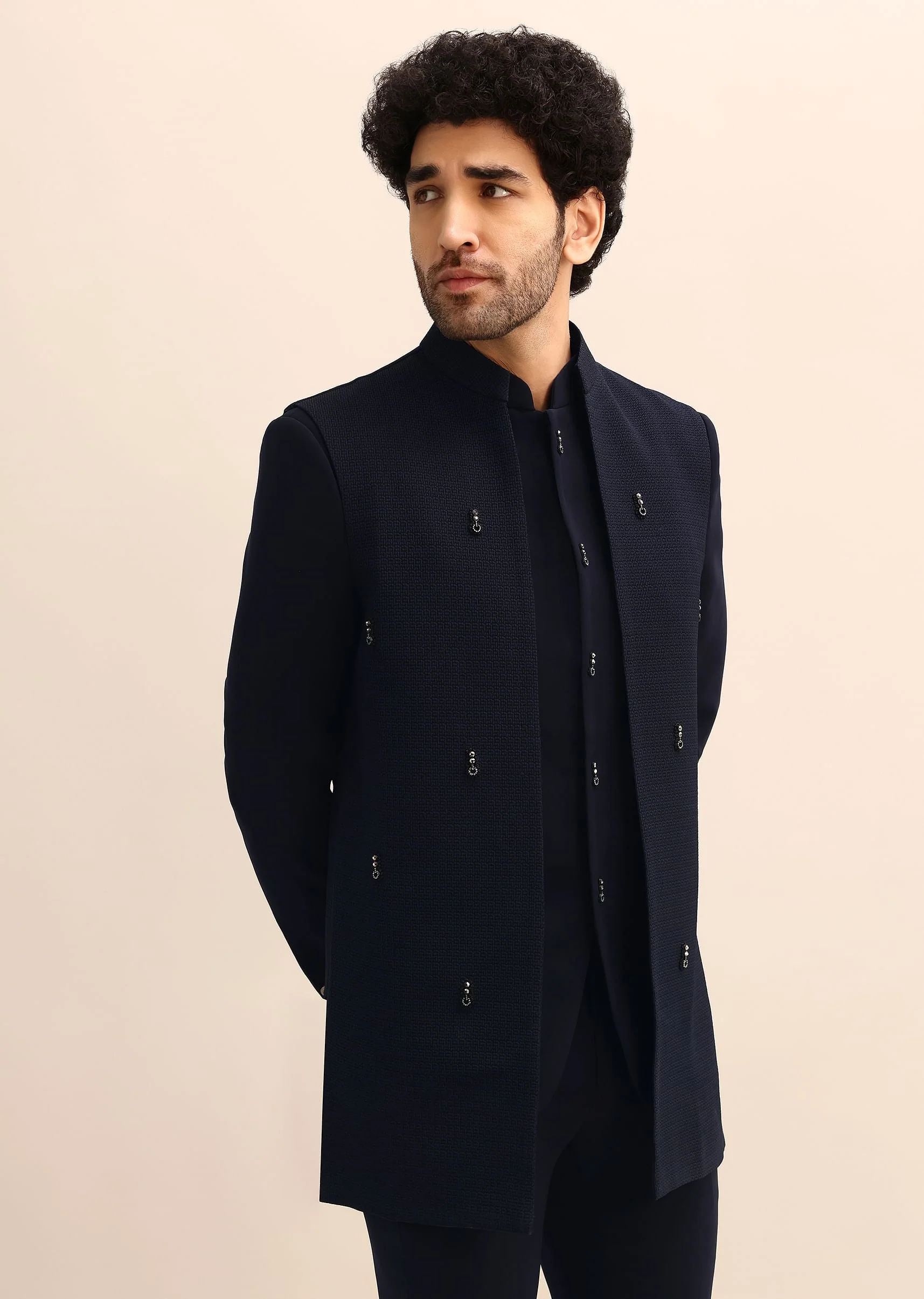 Blue Jacquard 3 Pc Bandhgala Jodhpuri Suit - Image 8