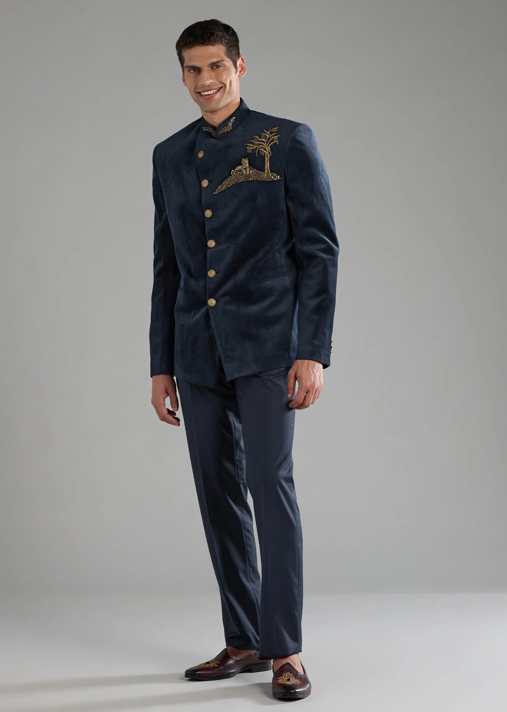Blue Velvet Embellished Jodhpuri and Pant Set - Image 2