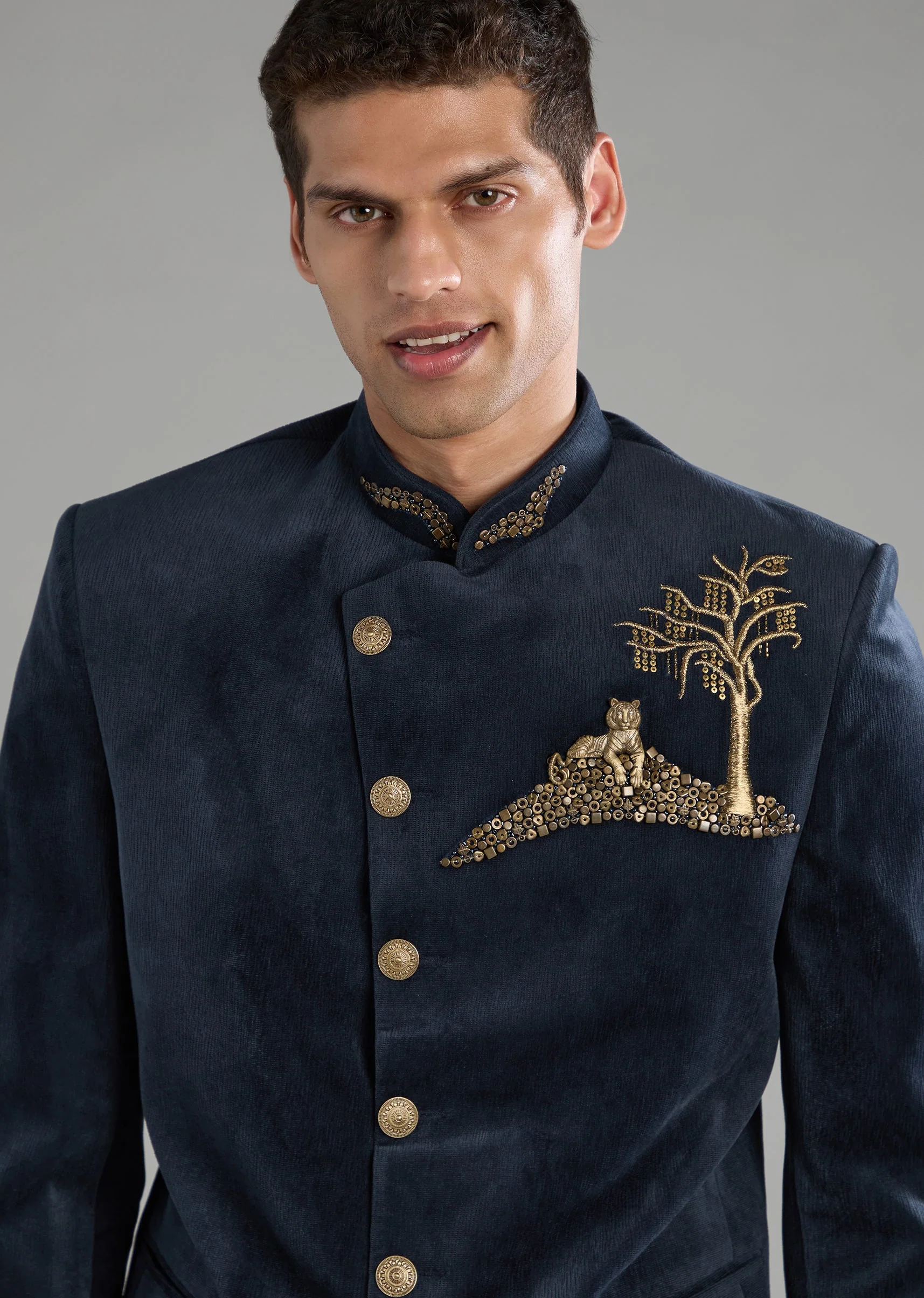 Blue Velvet Embellished Jodhpuri and Pant Set - Image 3