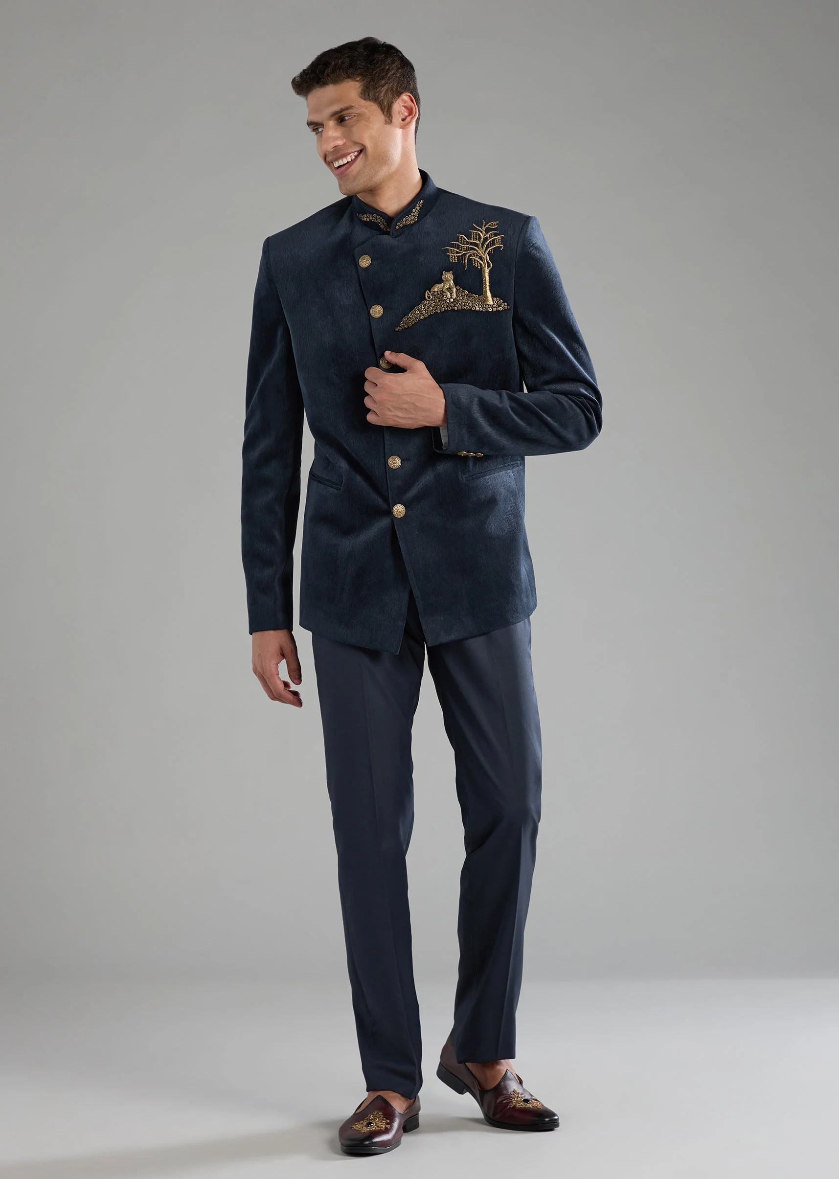 Blue Velvet Embellished Jodhpuri and Pant Set - Image 4