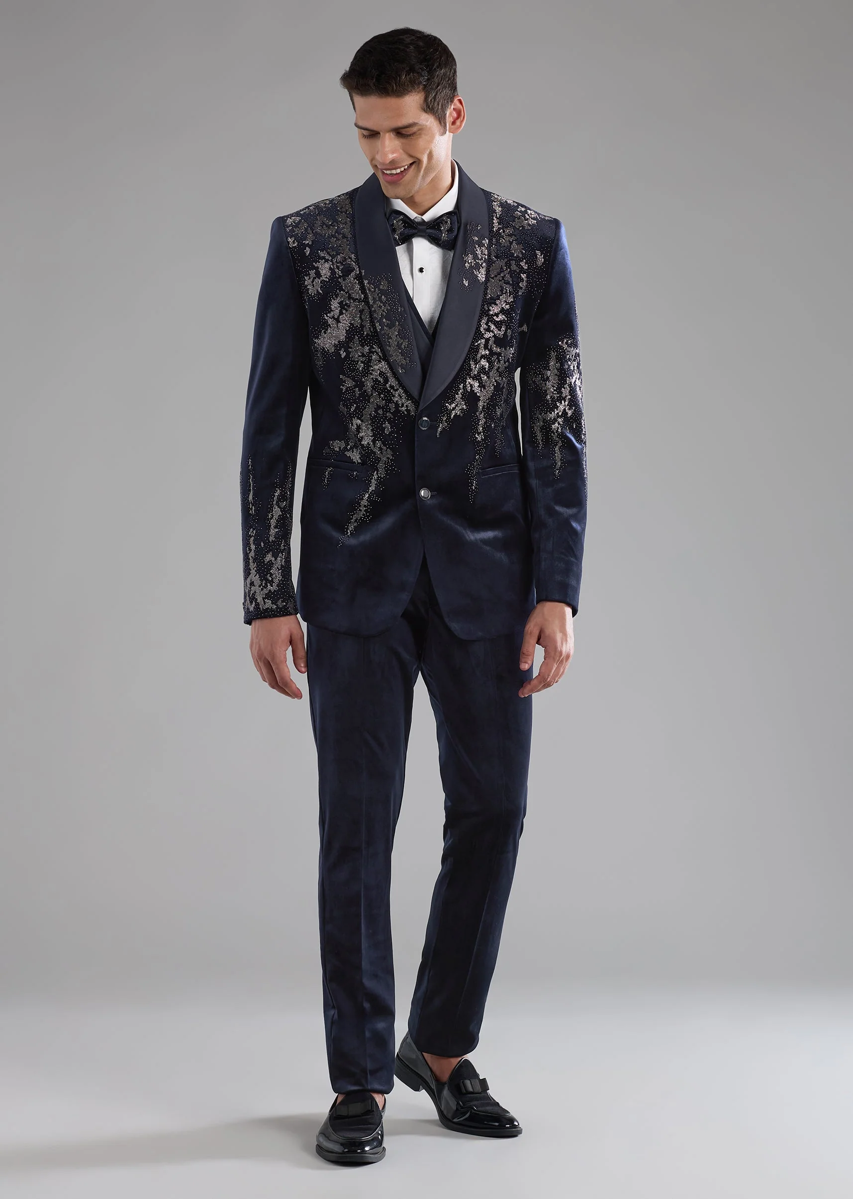 Blue Velvet Embellished Tuxedo and Bow Set - Image 3