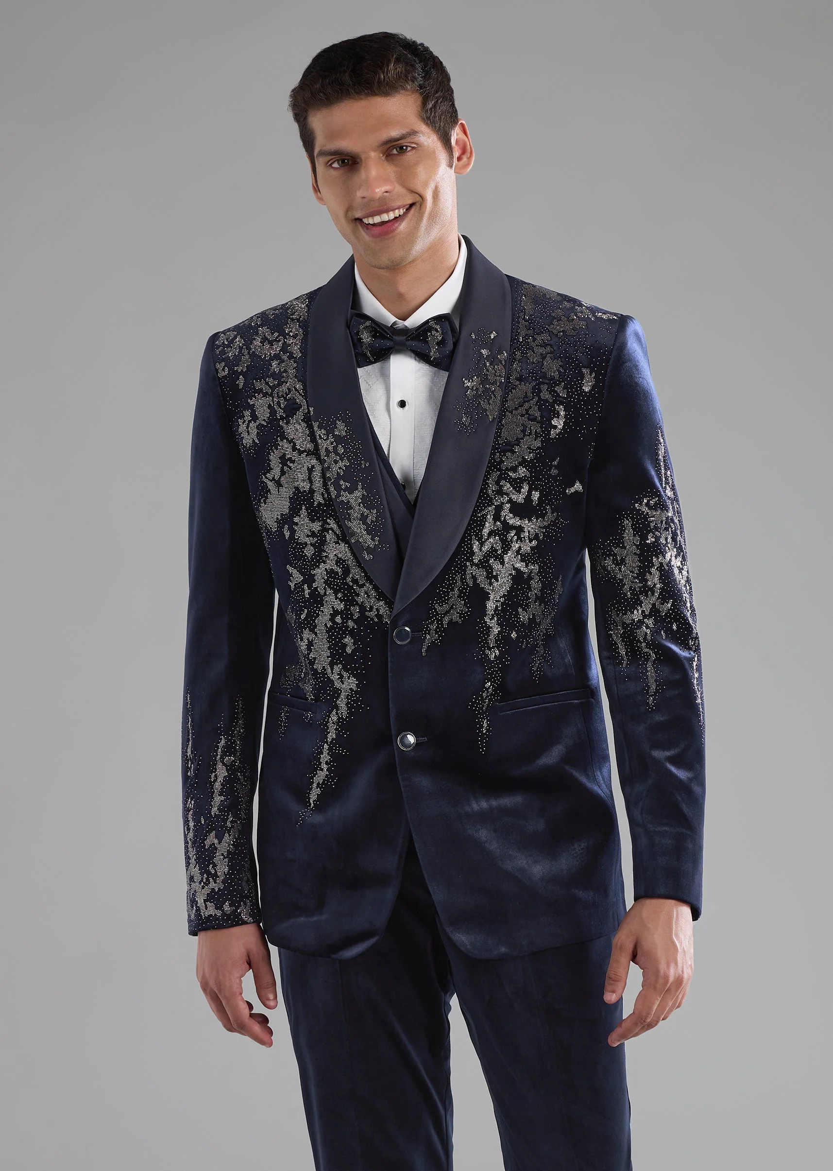 Blue Velvet Embellished Tuxedo and Bow Set - Image 4
