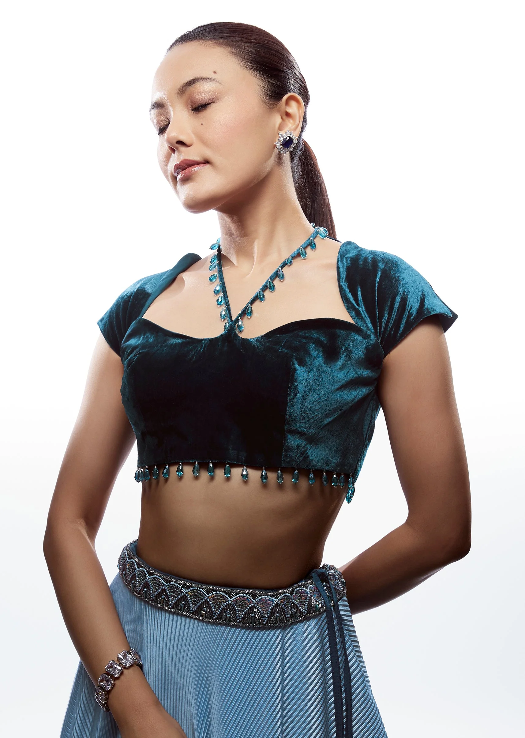 Blue Velvet Fancy Neck Blouse With Cap Sleeves And Neck Dori - Image 4
