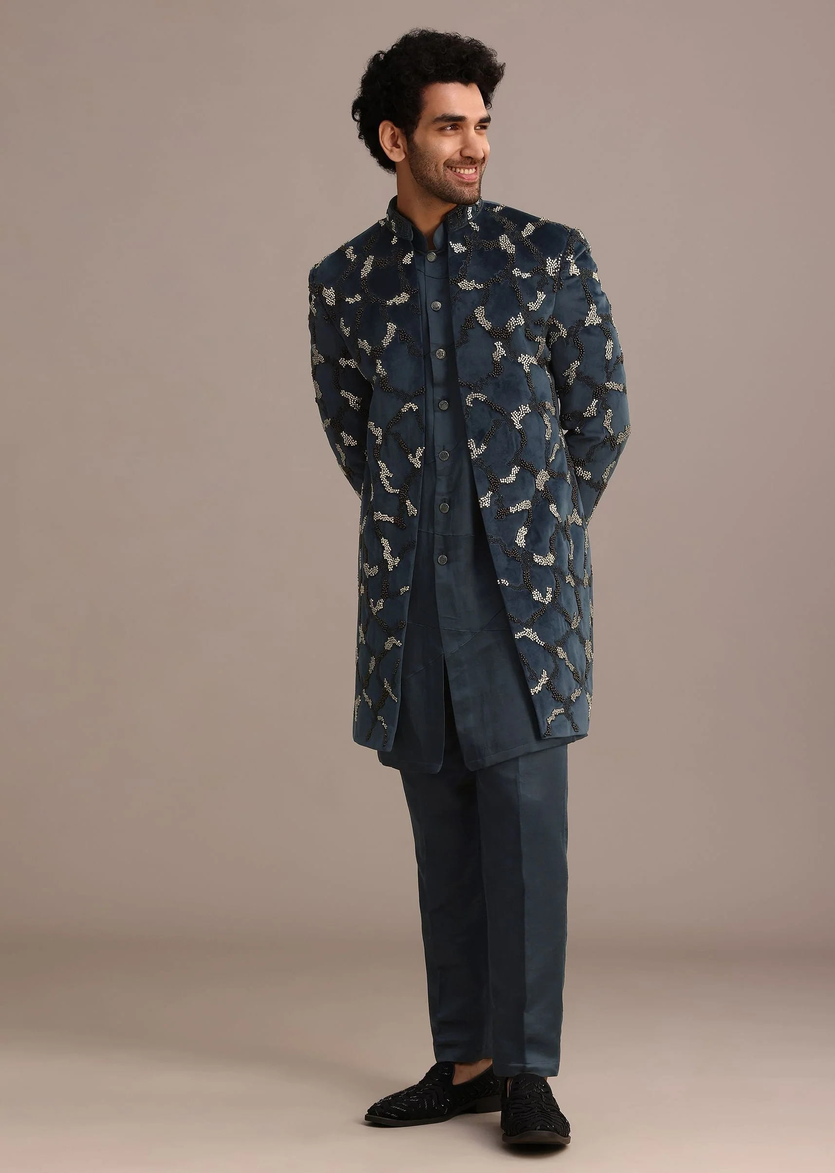 Blue Velvet Hand Embroidered Indo Western Set - Image 4