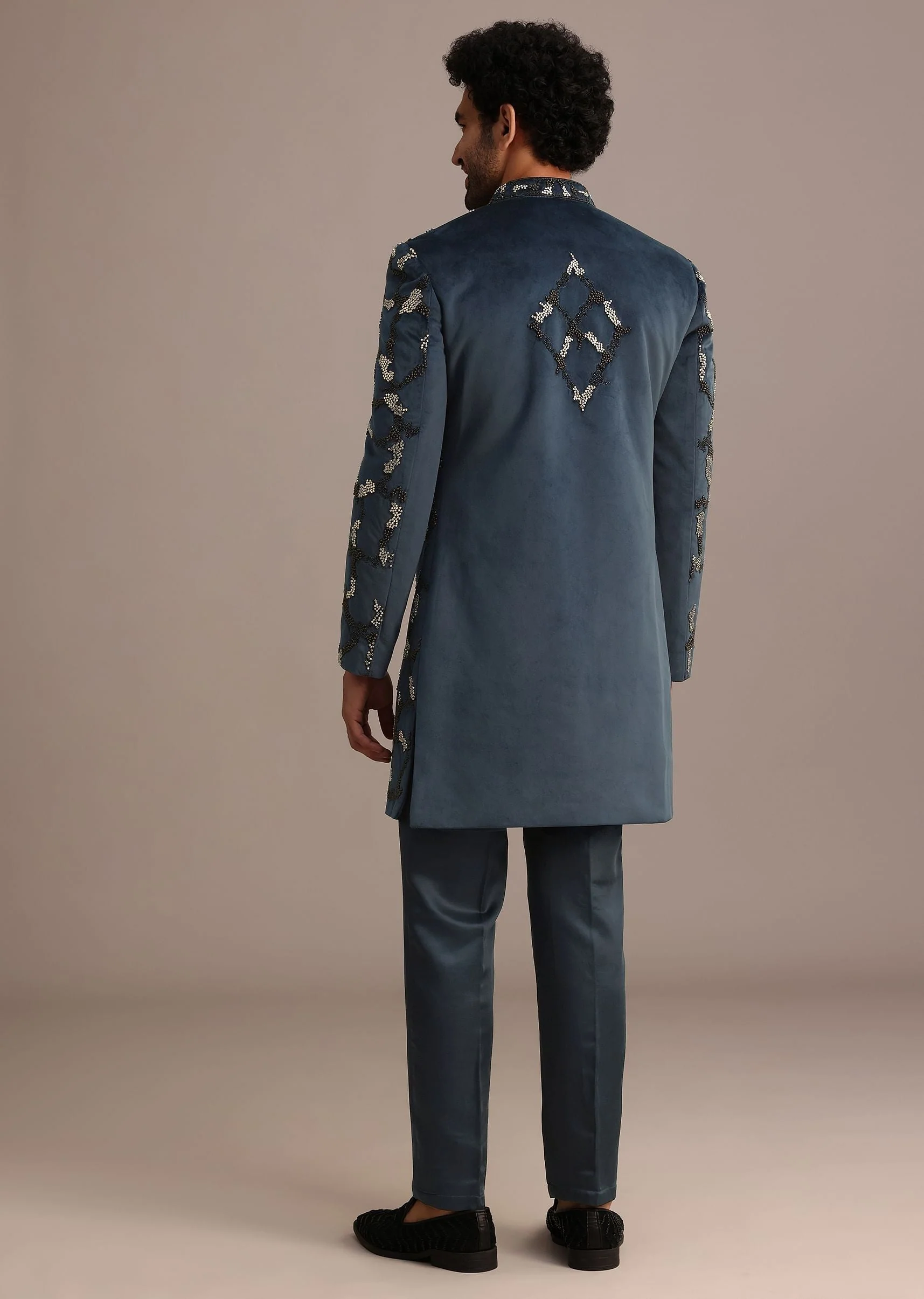 Blue Velvet Hand Embroidered Indo Western Set - Image 5