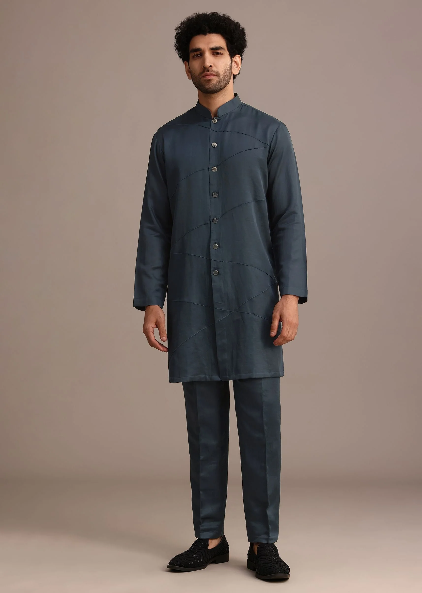 Blue Velvet Hand Embroidered Indo Western Set - Image 6