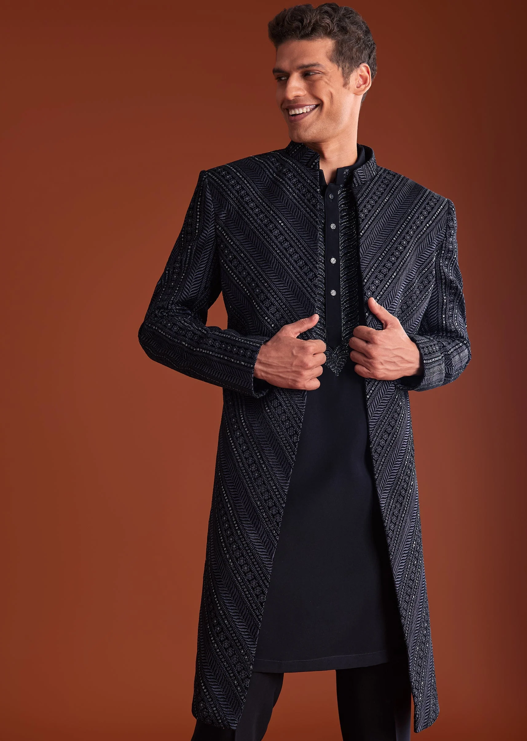 Blue Velvet Indowestern Suit With Cutdana And Thread Work - Image 4