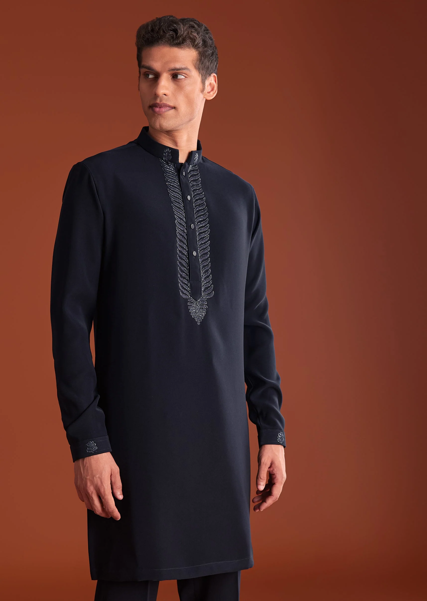 Blue Velvet Indowestern Suit With Cutdana And Thread Work - Image 6