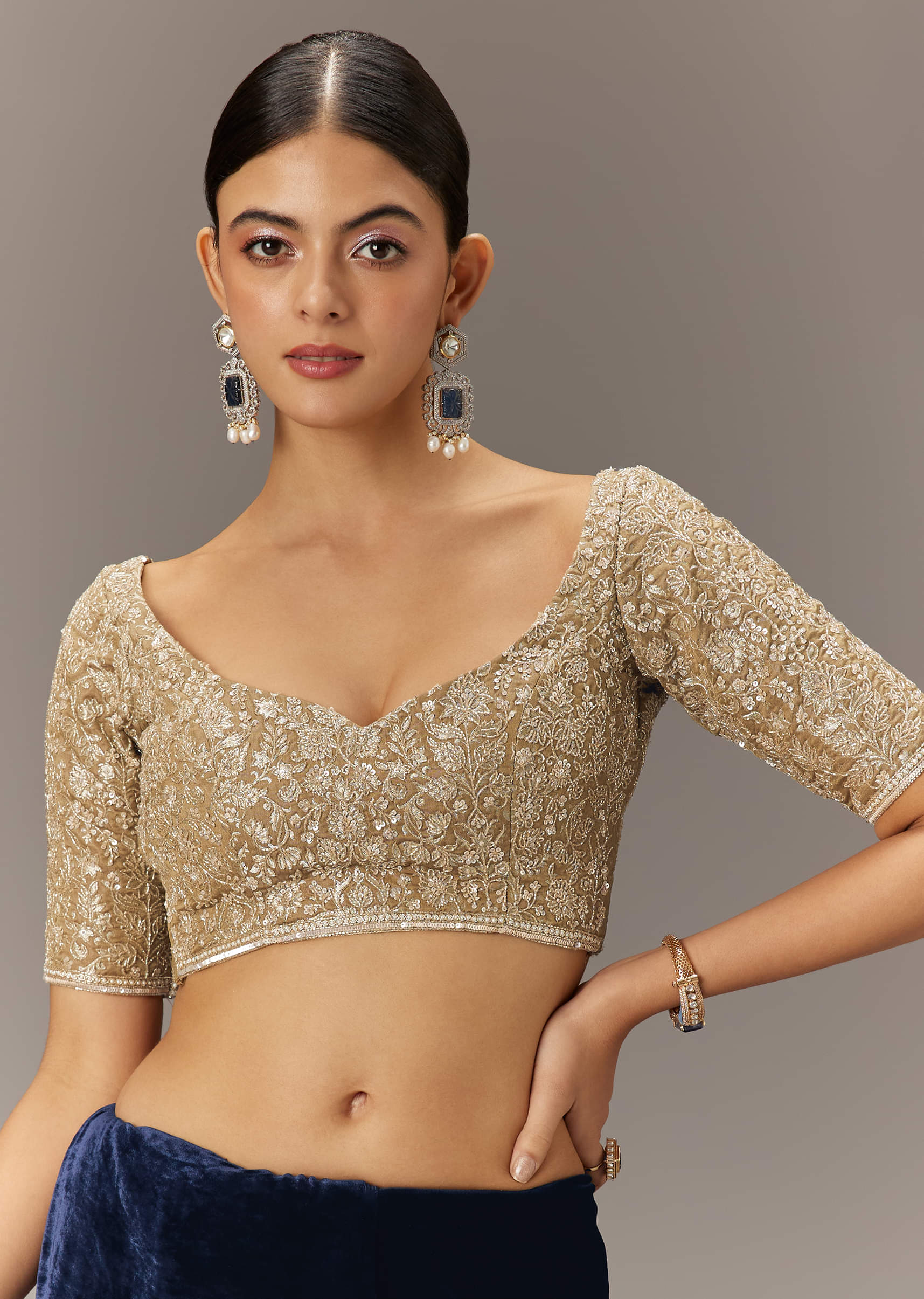 Blue Velvet Saree With Brocade Embroidered Blouse - Image 6