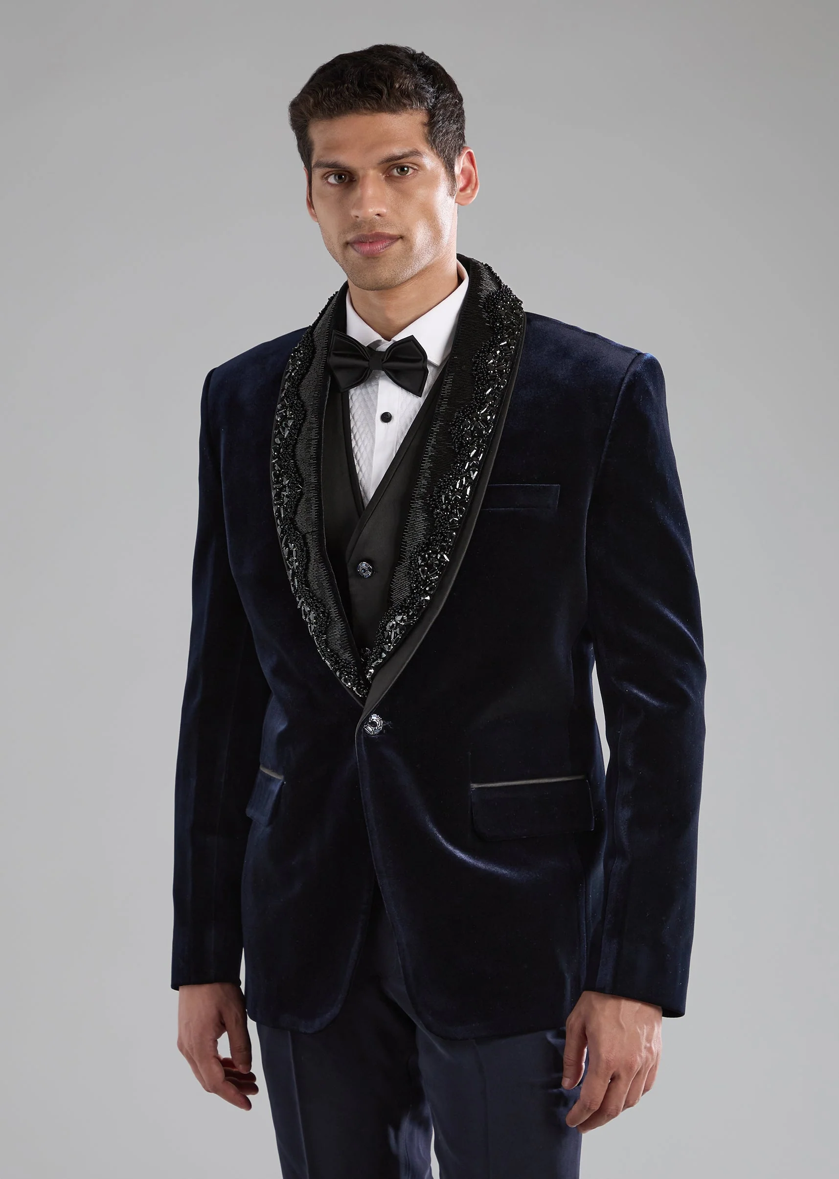 Blue Velvet Tuxedo with Embellished Detail - Image 3