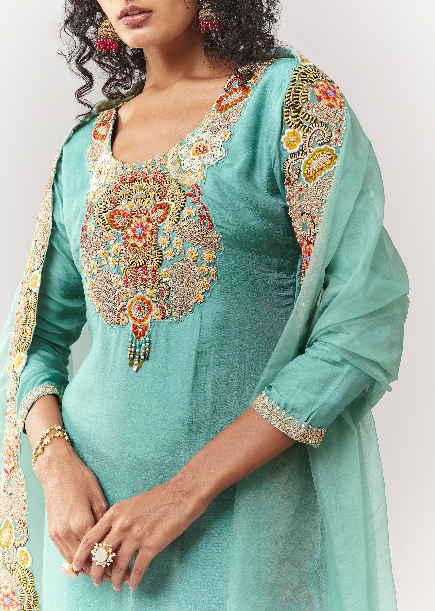 Blue Zardosi And Thread Work Straight Kurta Palazzo Set With Dupatta - Image 2