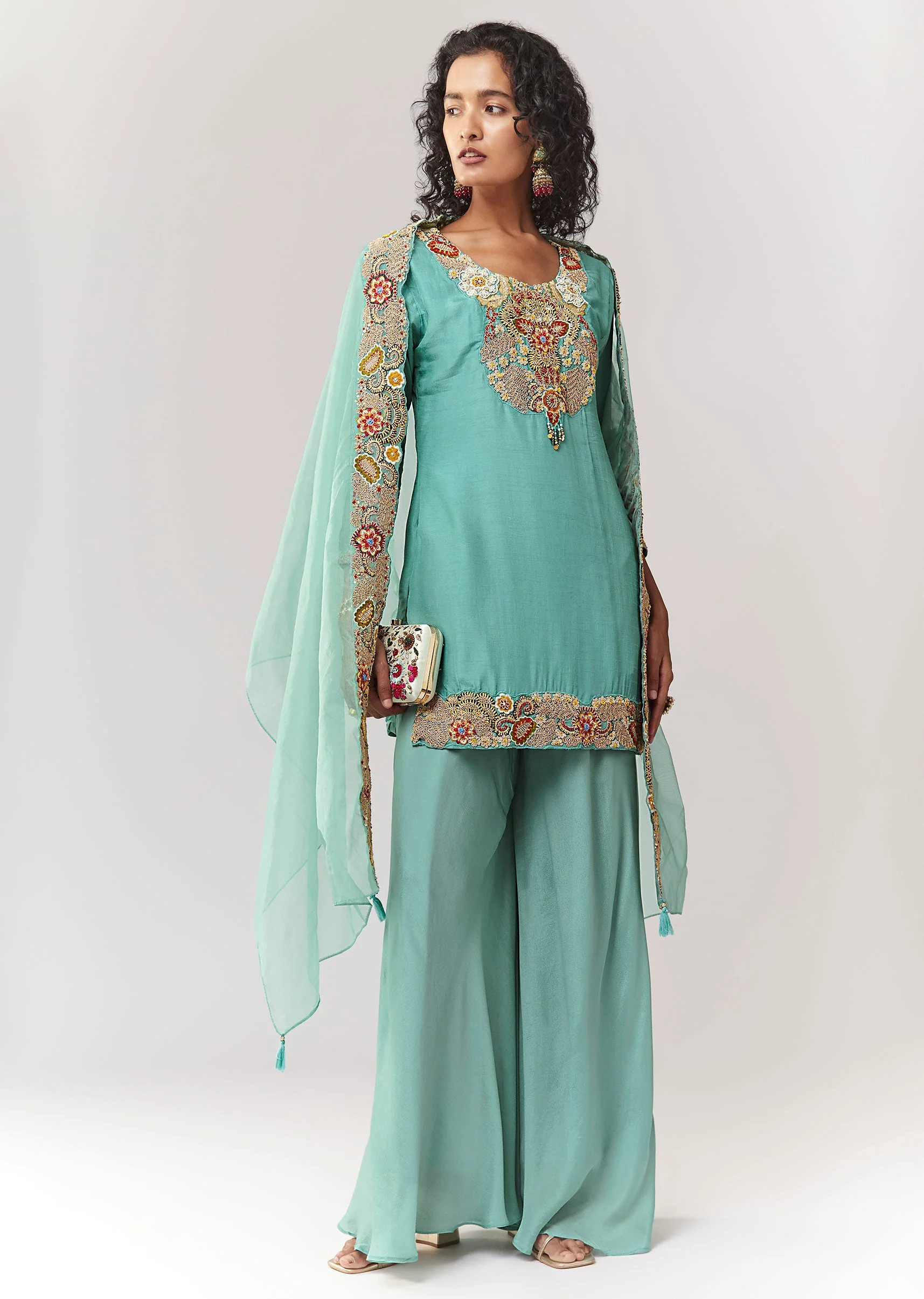 Blue Zardosi And Thread Work Straight Kurta Palazzo Set With Dupatta - Image 3