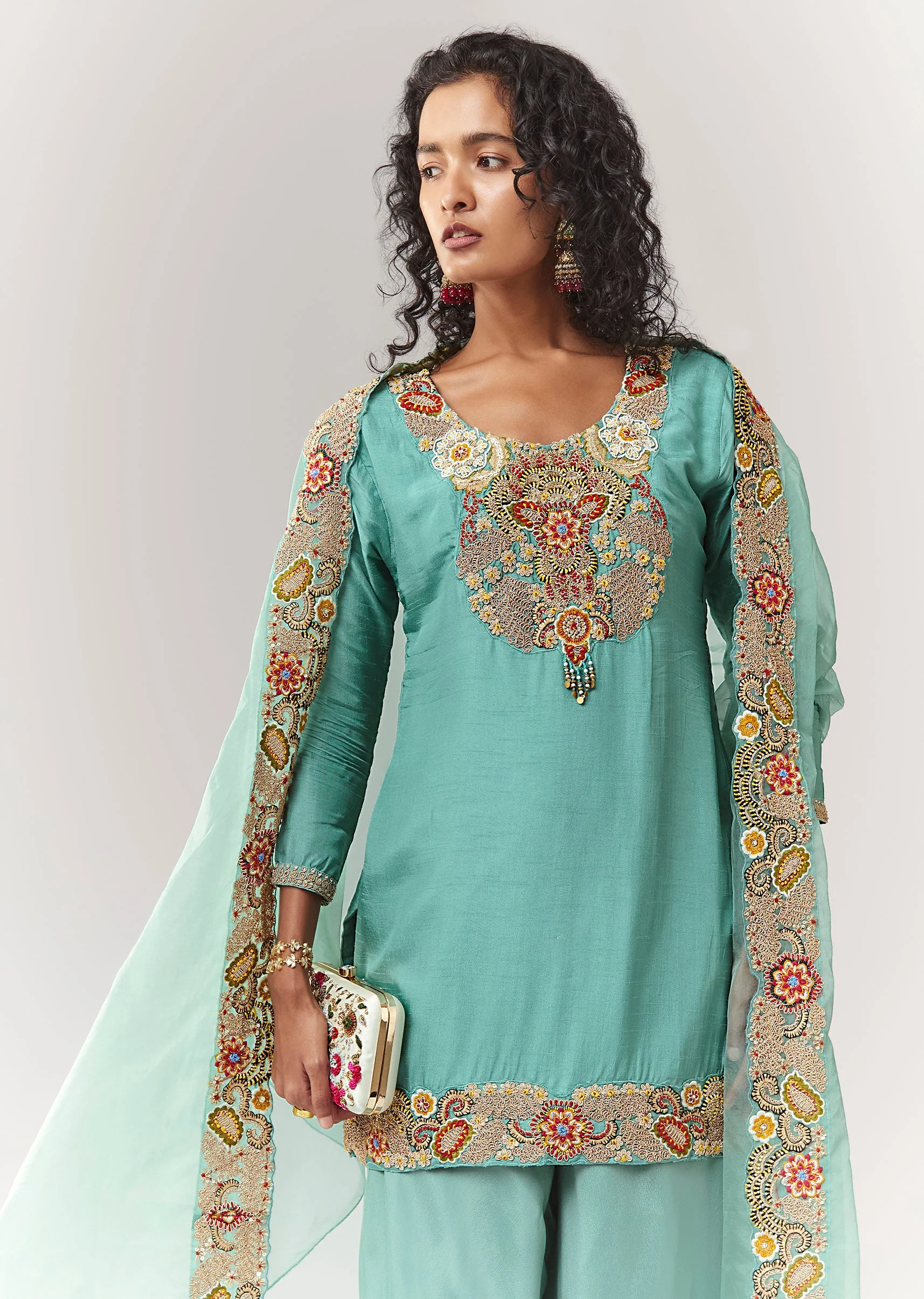 Blue Zardosi And Thread Work Straight Kurta Palazzo Set With Dupatta - Image 4