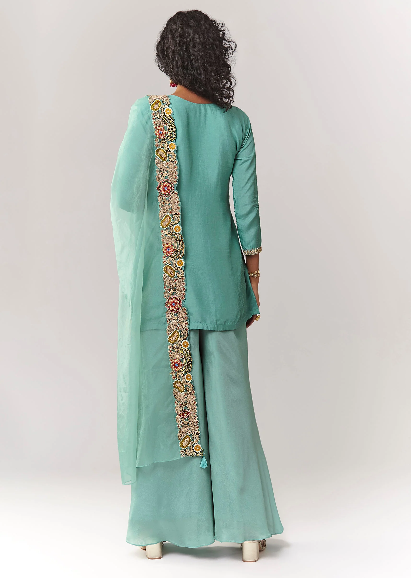Blue Zardosi And Thread Work Straight Kurta Palazzo Set With Dupatta - Image 5