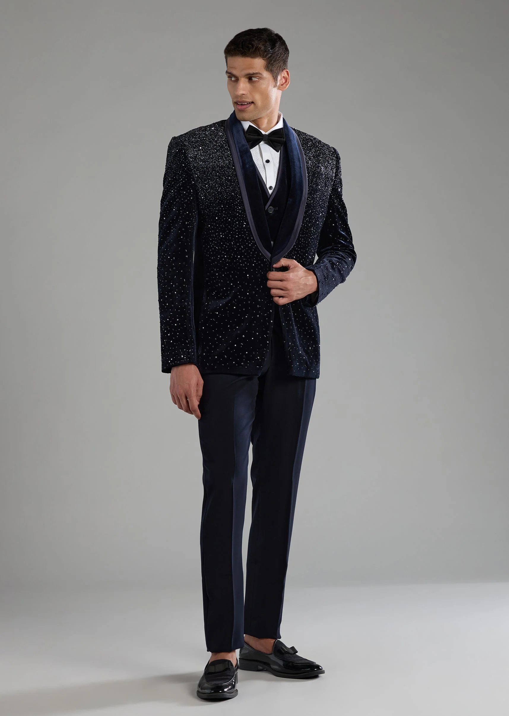 Blue Zardozi Embellished Tuxedo Set with Bow Tie - Image 2